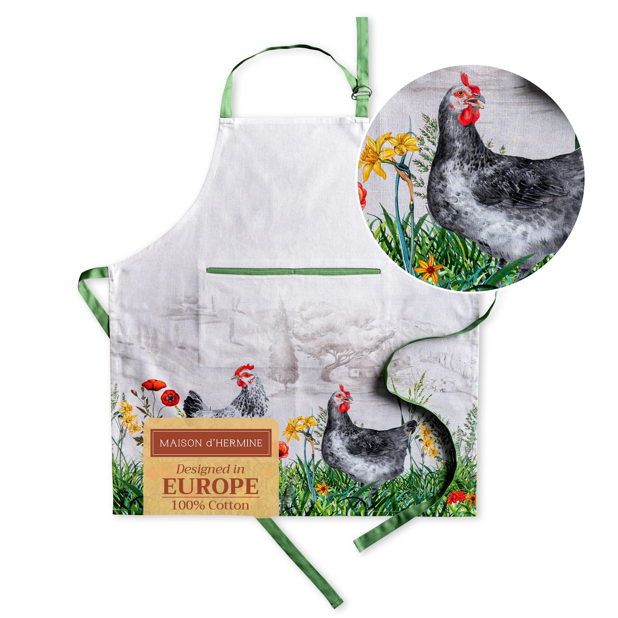 Maison d ' Hermine Apron 100% Cotton 27.50 Inch x 31.50 Inch 1 Piece Adjustable Neck Strap Cloth Apron with Center Pocket & Long Ties for Gifts  Women & Men  Basse Cour - Spring/Summer