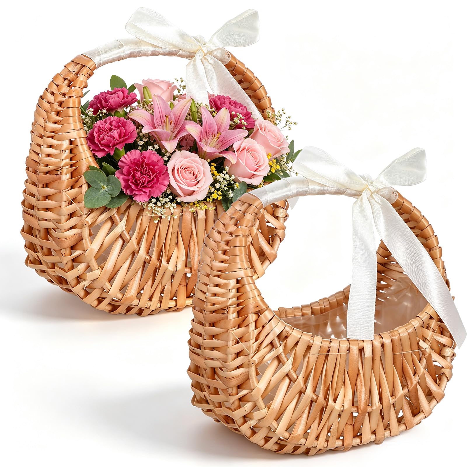 Flower Girl Basket Set of 2 Small Half Moon Wicker Flower Girl Basket
