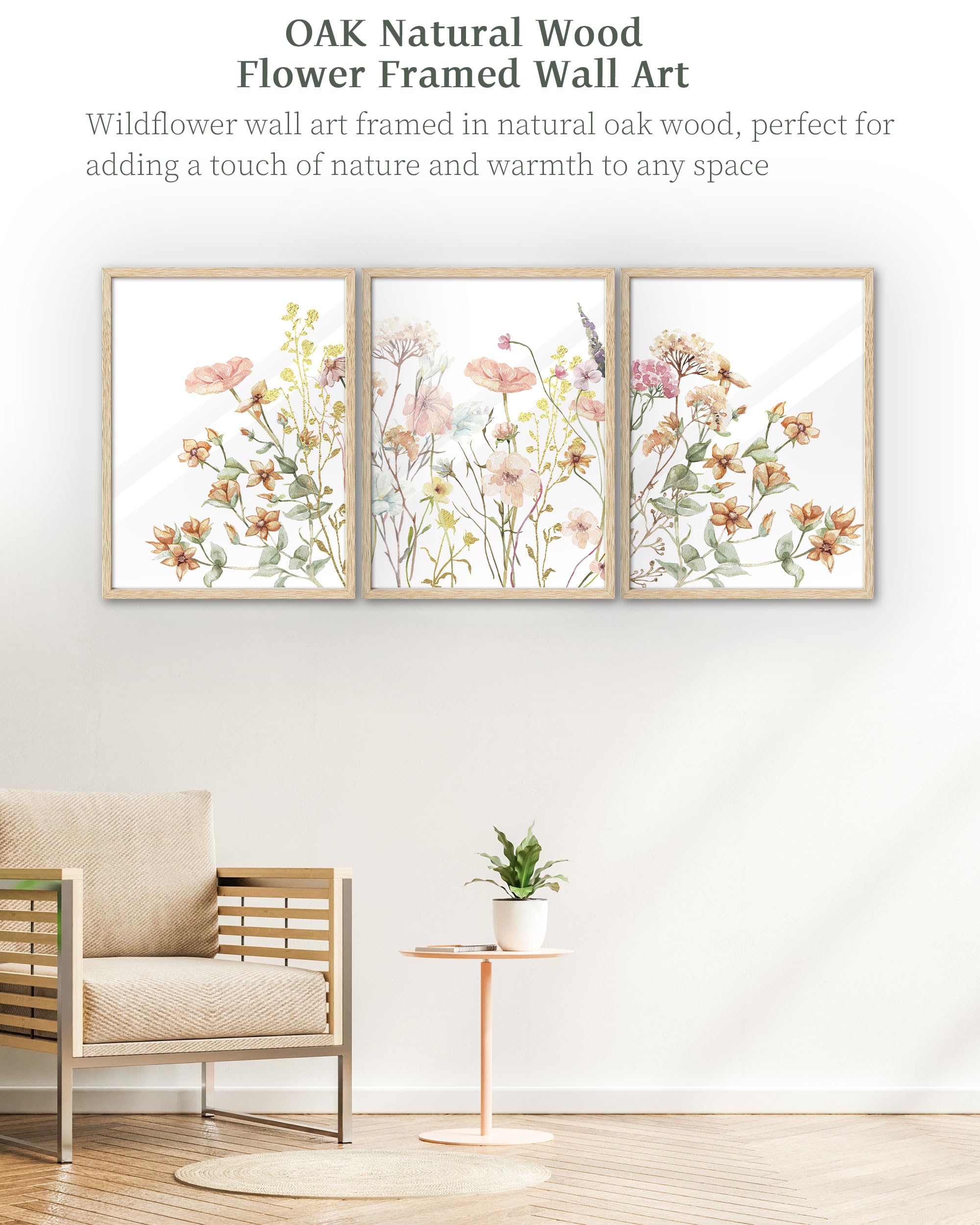 iHery Floral Wall Art Set of 3, 12x16 in Beige Oak Wood Frame, Wildflower Canvas Prints for Bedroom Living Room Decor