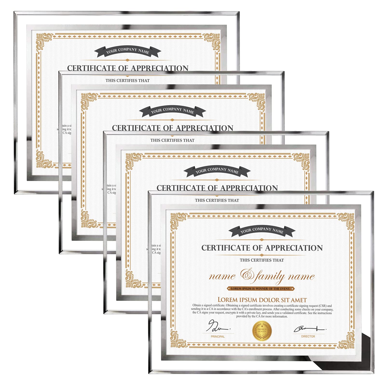Hoikwo 8.5x11 Picture Frames, 4 Packs Silver Glass Certificate Frames for Document Diploma Award, Only for Tabletop Display Vert