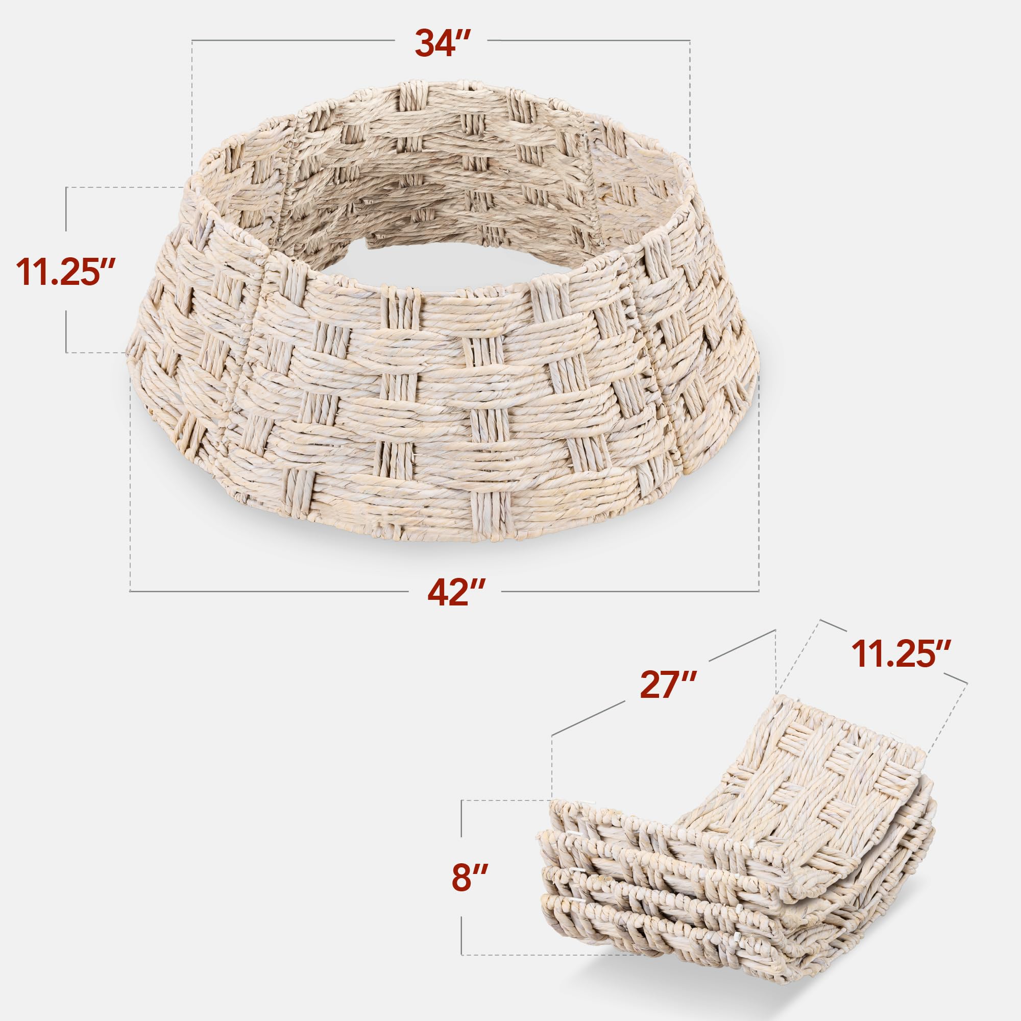 Best Choice Products 42in Christmas Tree Collar, Woven Hyacinth 3-Piece Holiday Rattan Tree Skirt Accessory for Home w/Cord Cut-