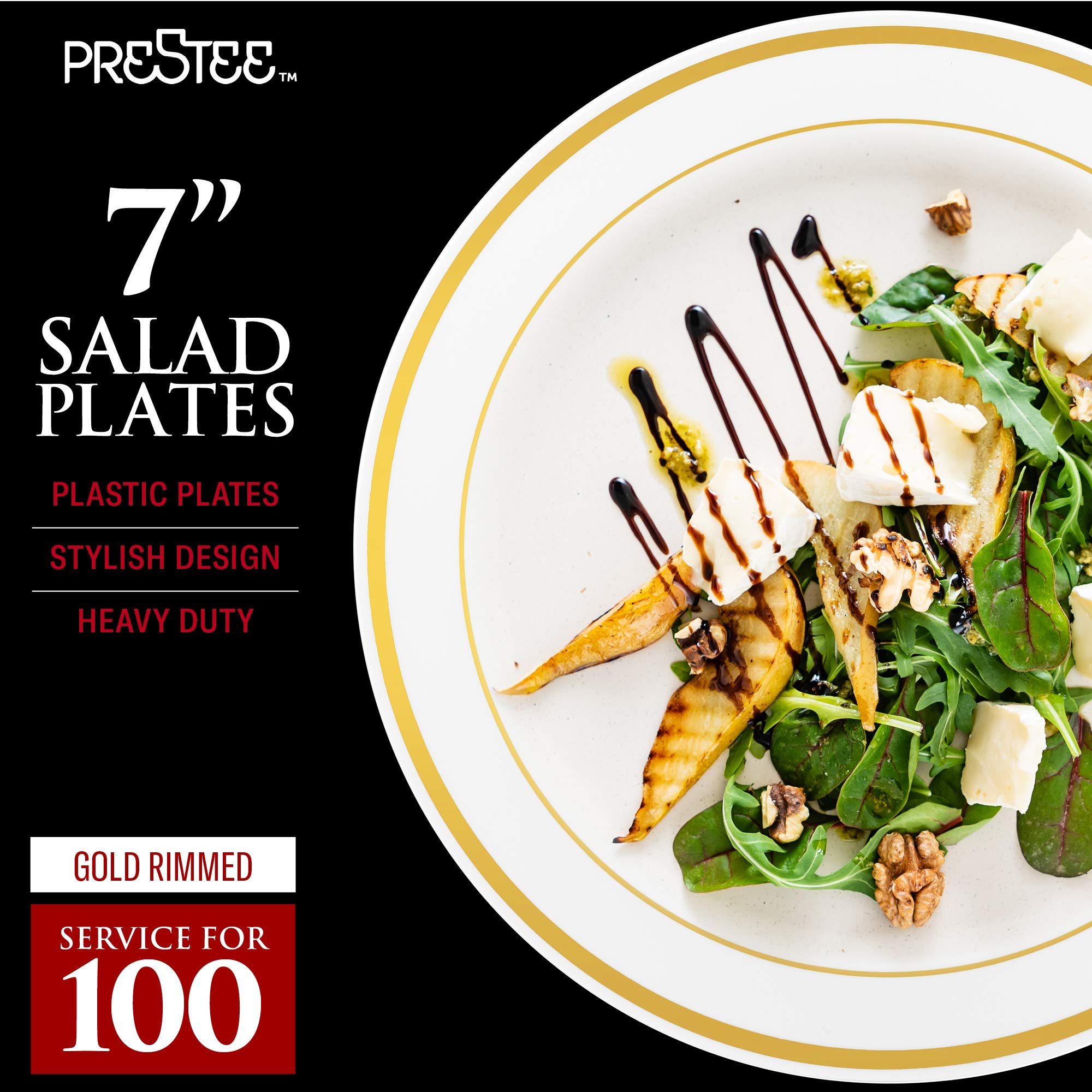 Prestee 200Pc Gold Plastic Plates - 100 Dinner Plates & 100 Salad Plates, White + Gold-Rimmed Party Plates Disposable Heavy Duty