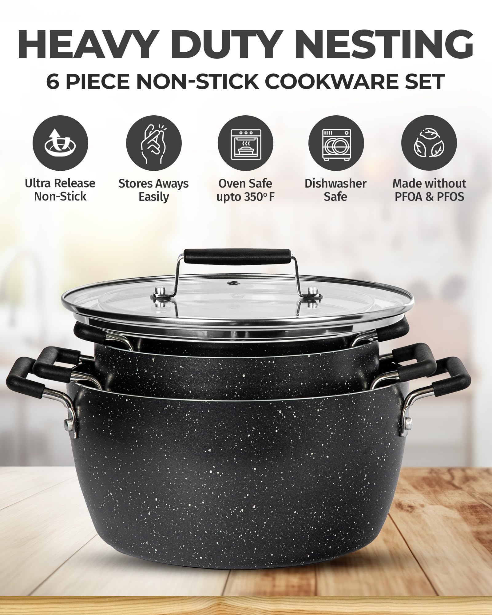 Granitestone Black Pots and Pans Set Nonstick, 6 Stackable Piece Cooking Pots Set, Kitchen Pots, Non Stick Coating, 5qt 3qt & 1.