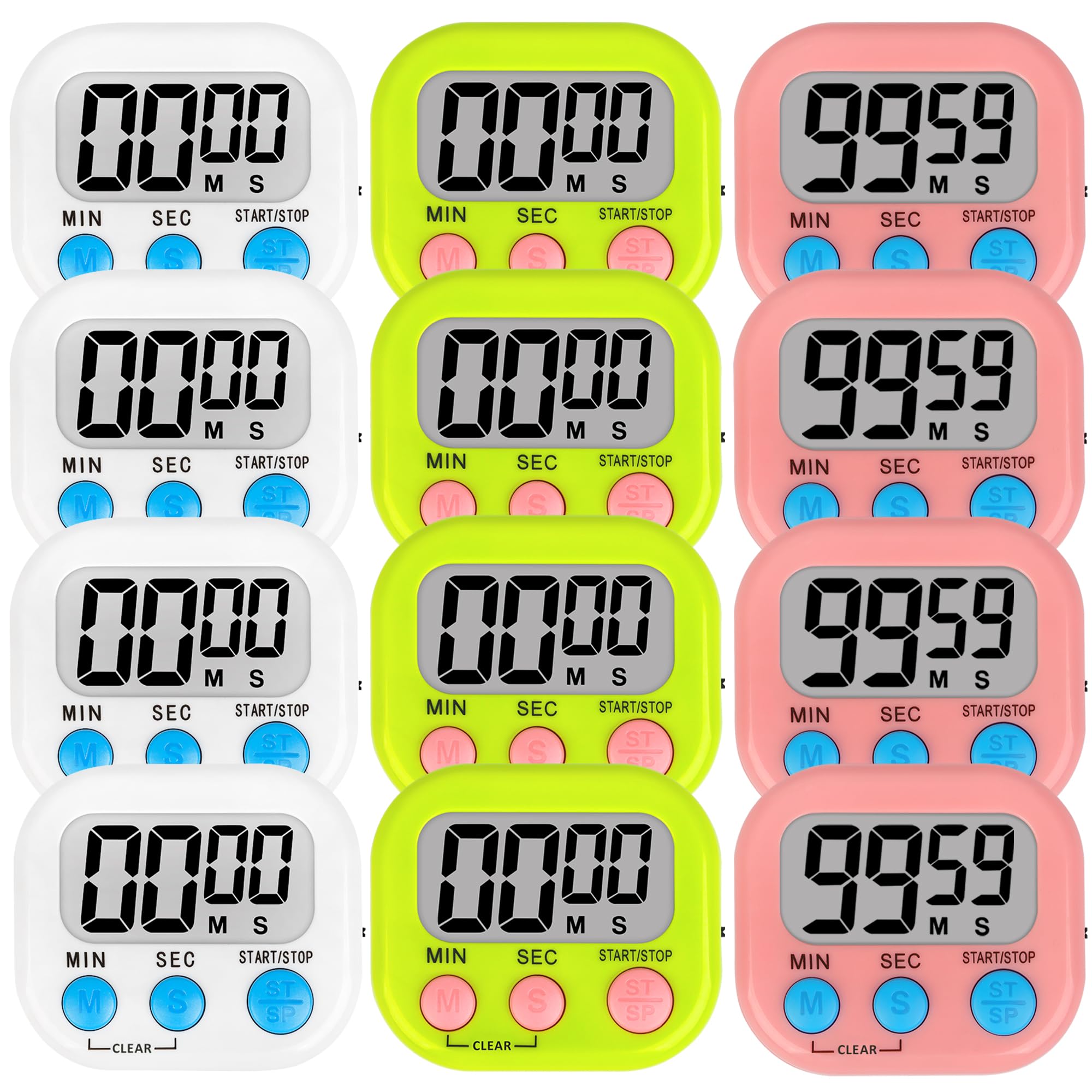 ZILLEEN 12 Pack Kitchen Timers for Cooking Digital Classroom Timers for Kids Teachers White Green Pink