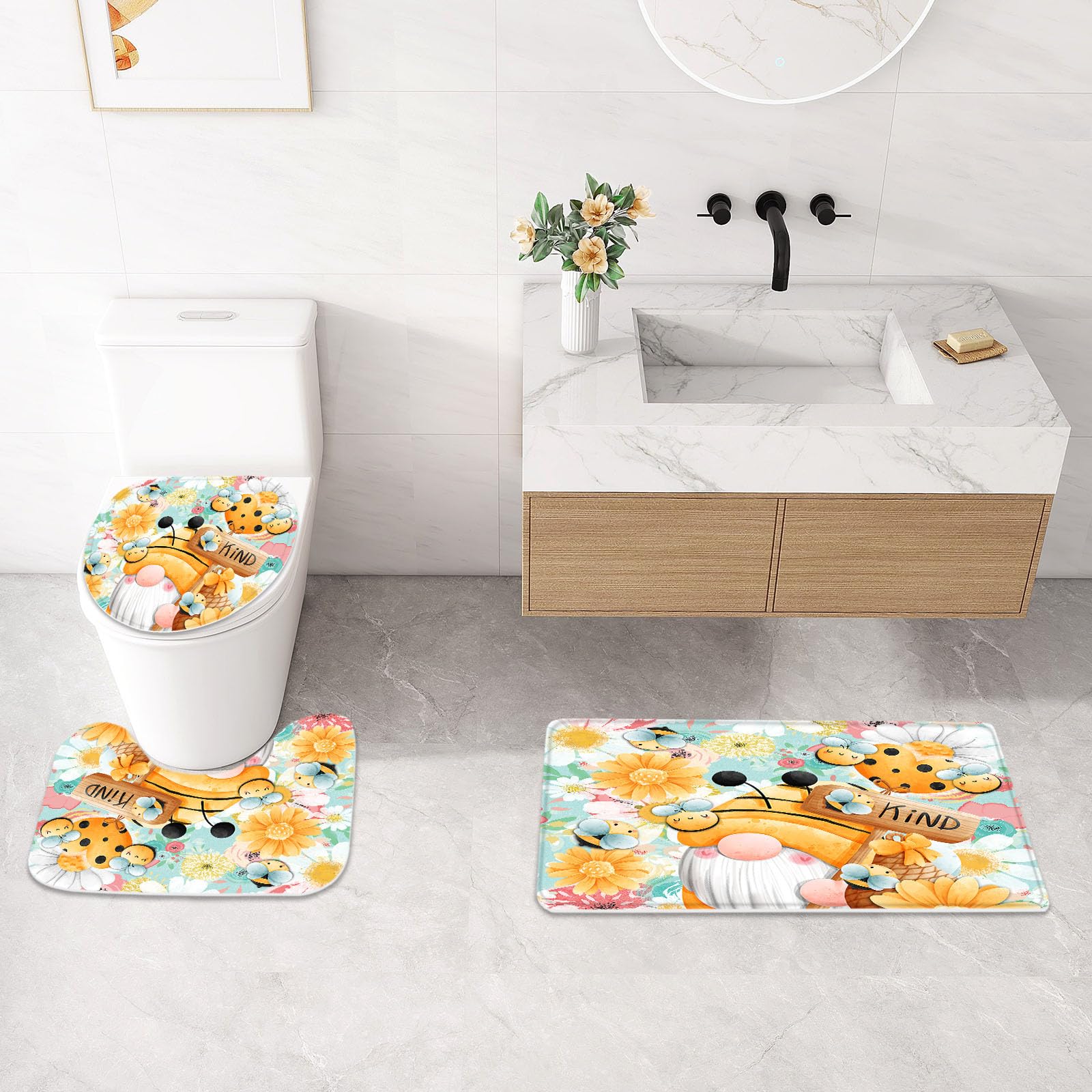 Litabel 4 Pcs Sping Gnomes Shower Curtain Set With Non-Slip Rugs, Toilet Lid Cover And Bath Mat, Boho Floral Bathroom Decor Set