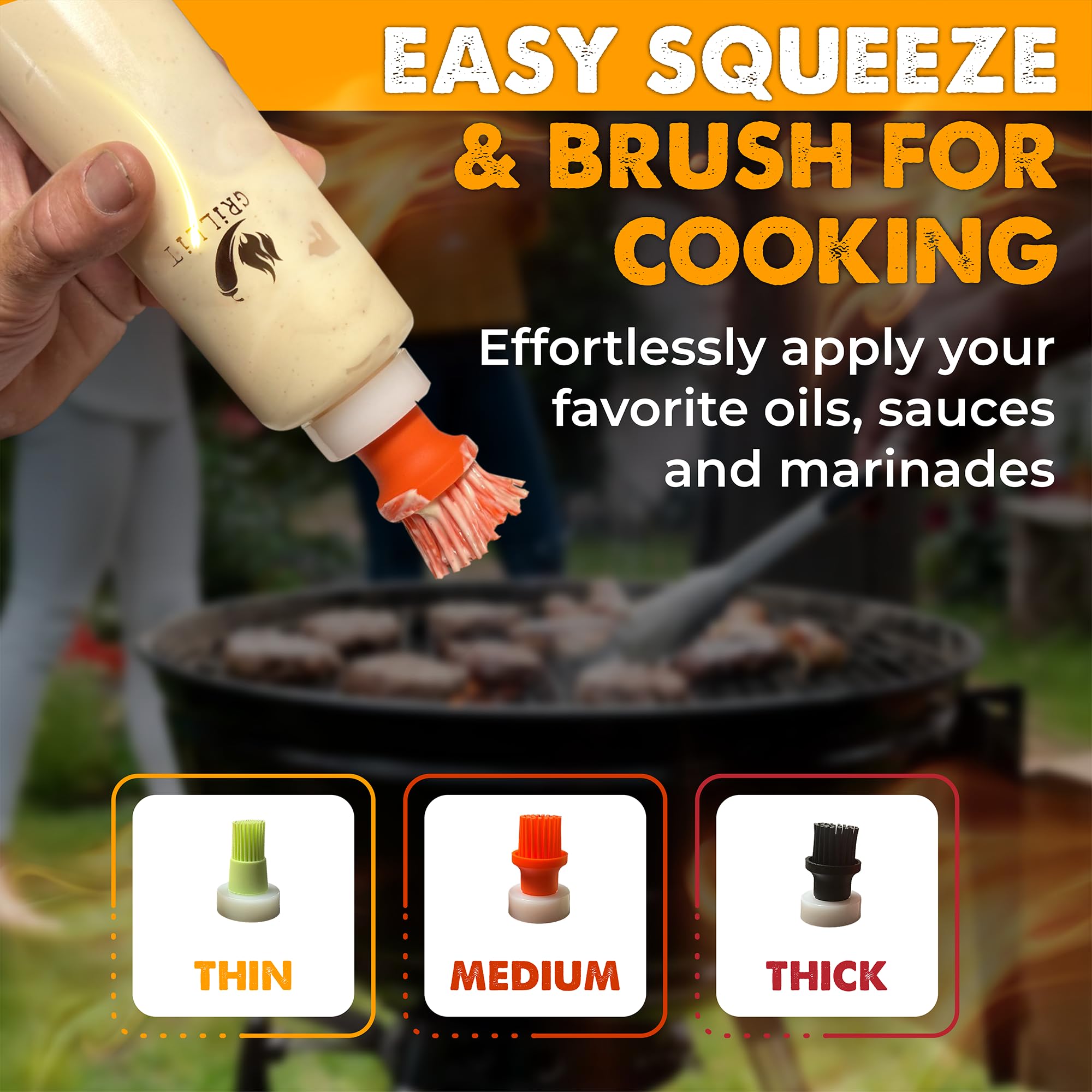 Sauce Basting Bottle Set For Grilling With 3 Silicone Bbq Basting Brush Caps & 2 Squeeze Caps - Squeeze Bottles For Sauces With