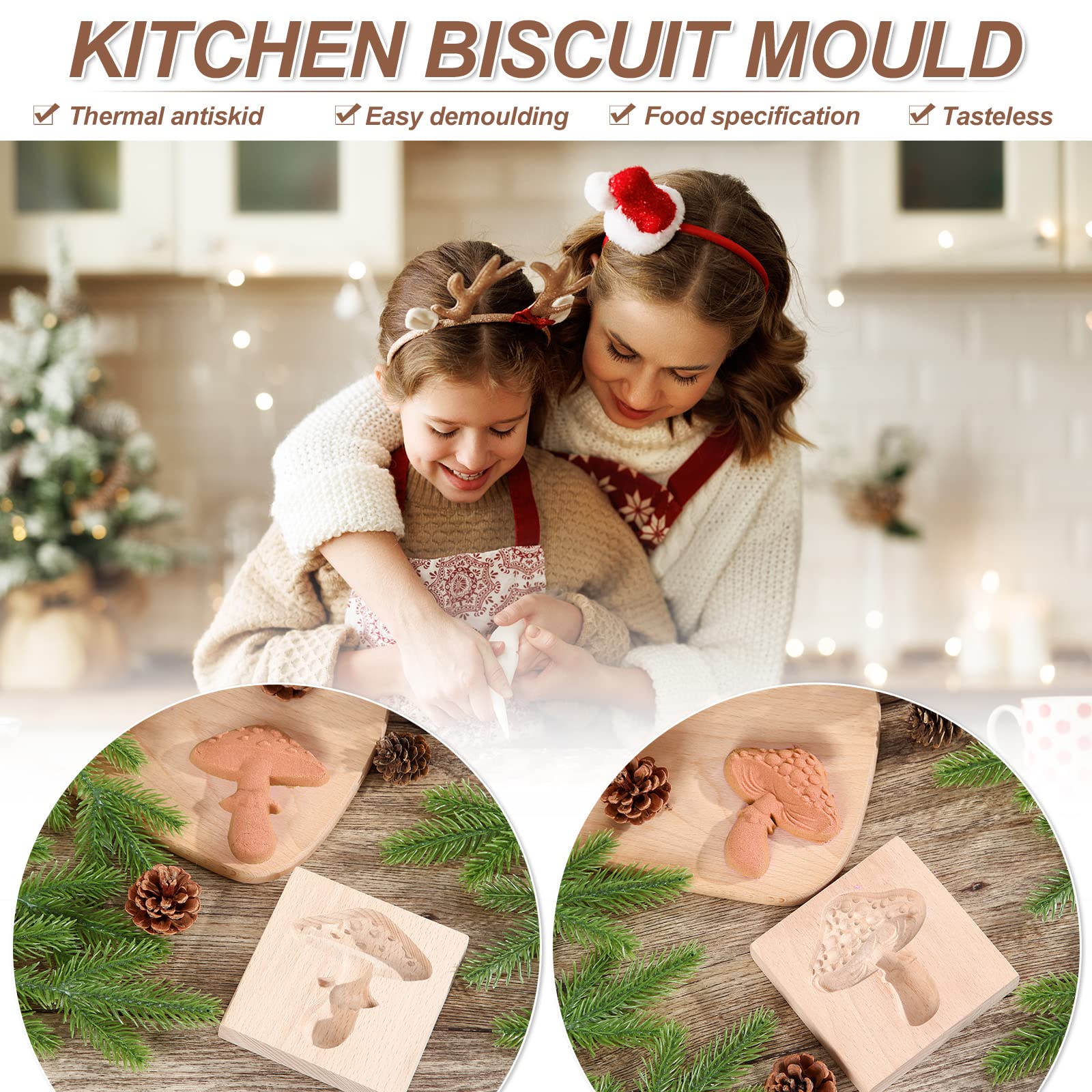 Meanplan Carved Wooden Cookie Mold, Baking Embossing Cookies Stamp Mold Cutter Funny 3D Heart Wood Rose Dessert Tools For Christ