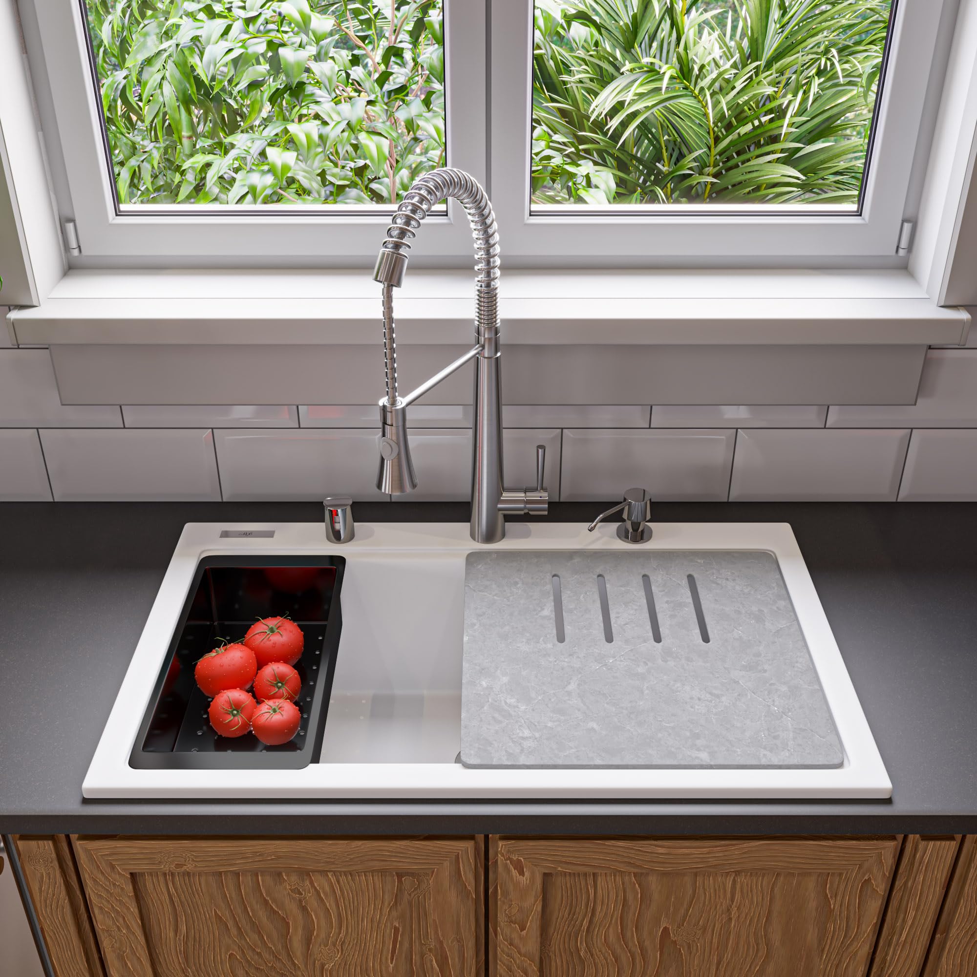 Alfi Brand Ab3418Sbdi-W White 33'' Granite Composite Workstation Step Rim Single Bowl Drop In Sink With Accessories