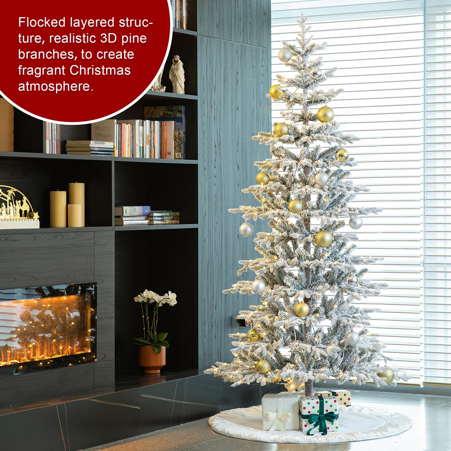 Glitzhome Christmas Tree with Lights, 8ft Deluxe Flocked Artificial Prelit Christmas TRE with 1523 PE&PVC Branch Tips, Majestic