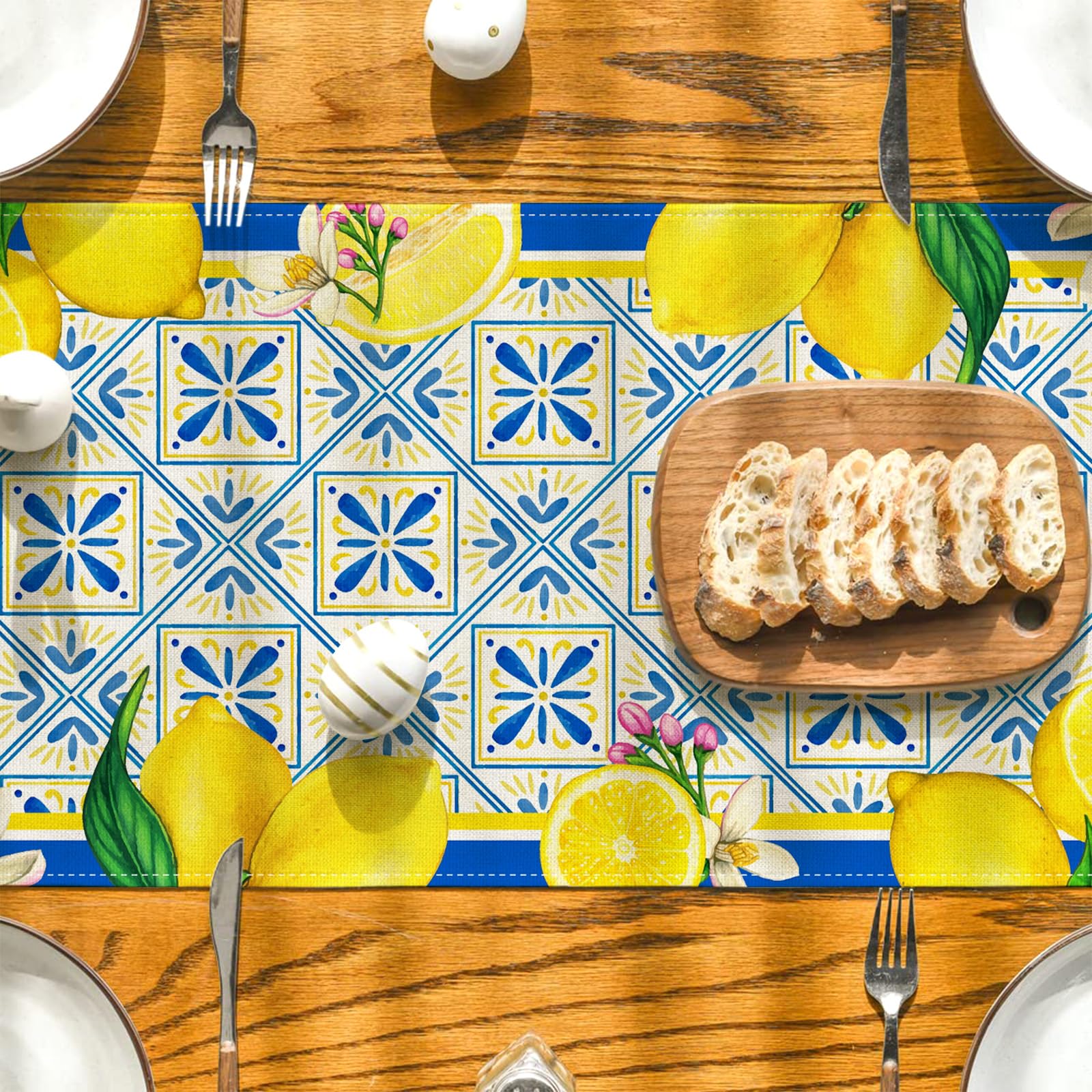 Summer Lemon Table Runner Spring Italian Lemons Table Cover Italy Blue Tiles Lemon Decor Cyan-Blue Tile Burlap Artificial Lemon