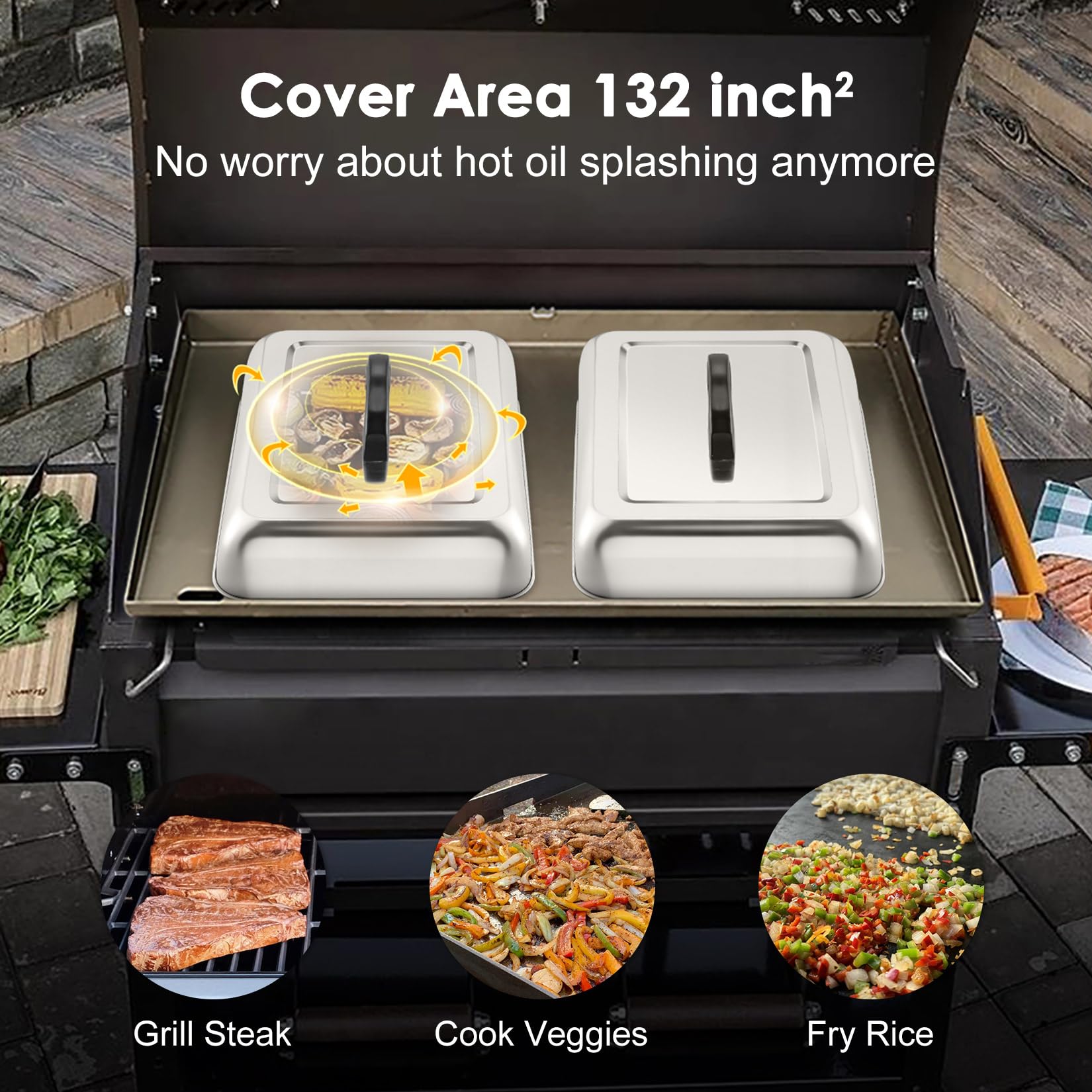 Joyfair 13 x 9 Inch Melting Basting Cover Set of 2  Stainless Steel Metal Cheese Melt Domes Rectangular for Outdoor/Indoor Flat Top Griddle  Heat-resistant Handle & Screwdriver  Dishwasher Safe