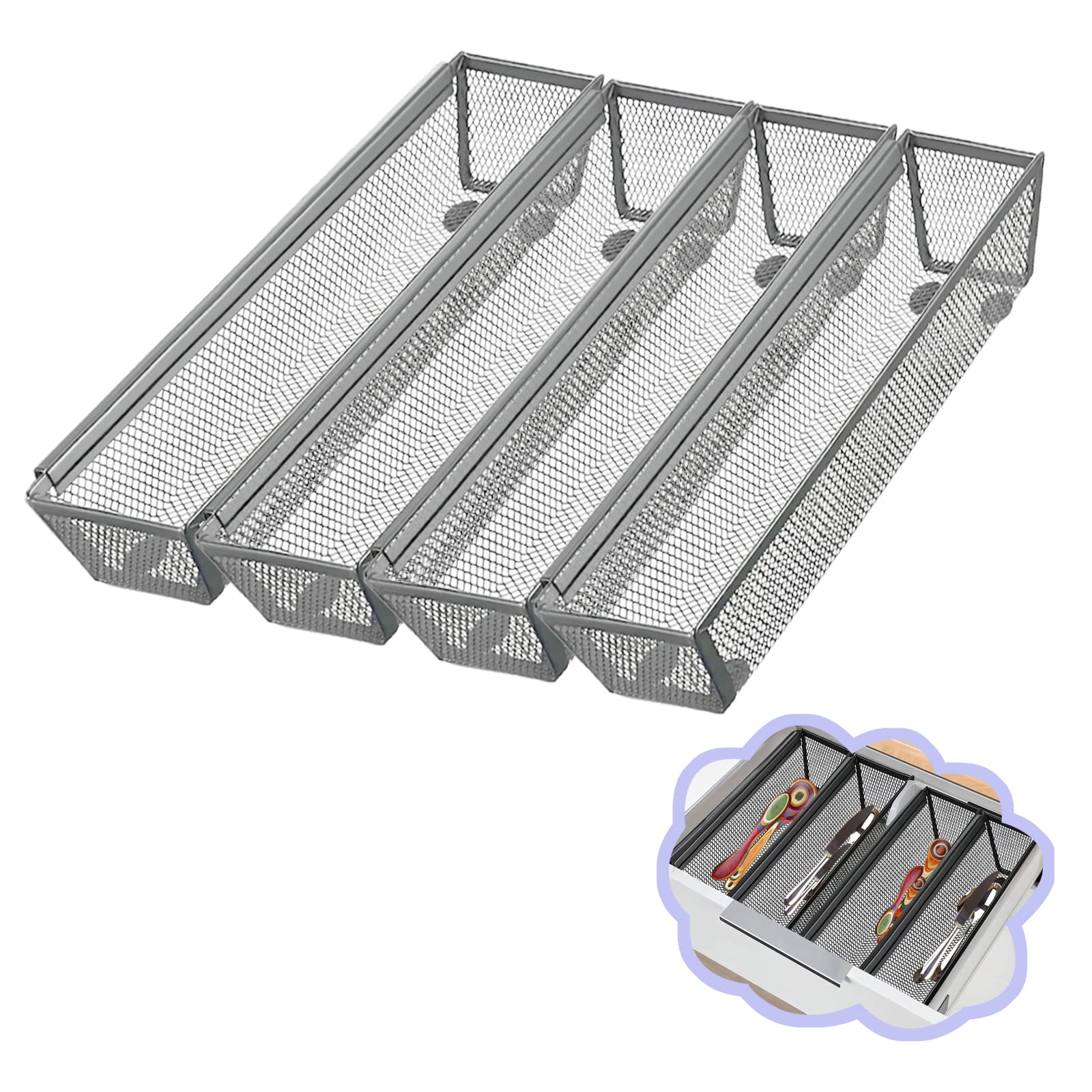 Fodofodo 4Pcs Drawer Organizer,Drawer Organizer For Kitchen,Utensil Mesh Drawer Organizer With Interlocking Arm For Cosmetic,Fla