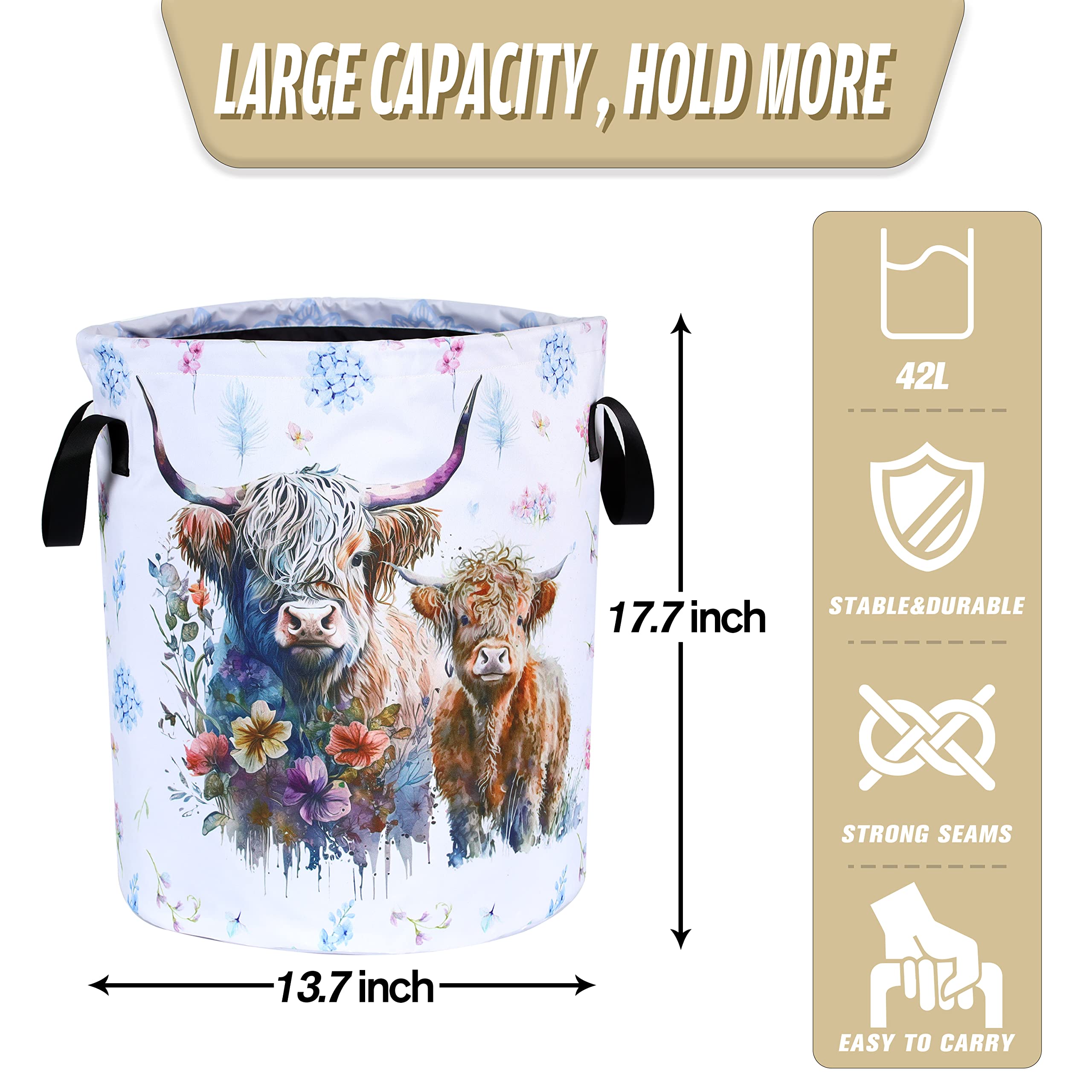 Highland Cow Laundry Basket Cattle Animal Foldable Waterproof Oxford Cloth Funny Tote Bag Laundry Hamper Clothes Storage Bucket