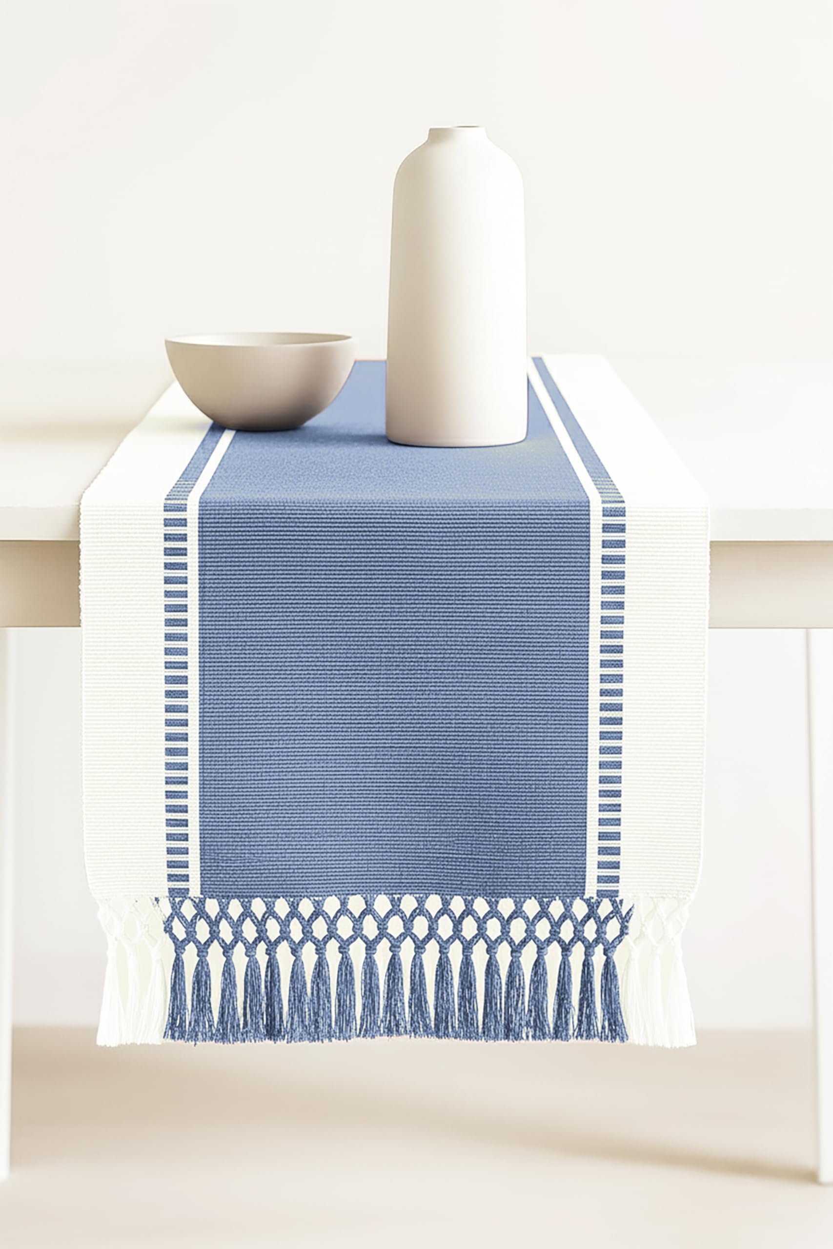 PurpleEssences Table Runner - Wide with Dobby Stripe, Heavy Ribbed Weave & Double Knot Fringes, 14x72 Inch (14x77.5 with Fringes