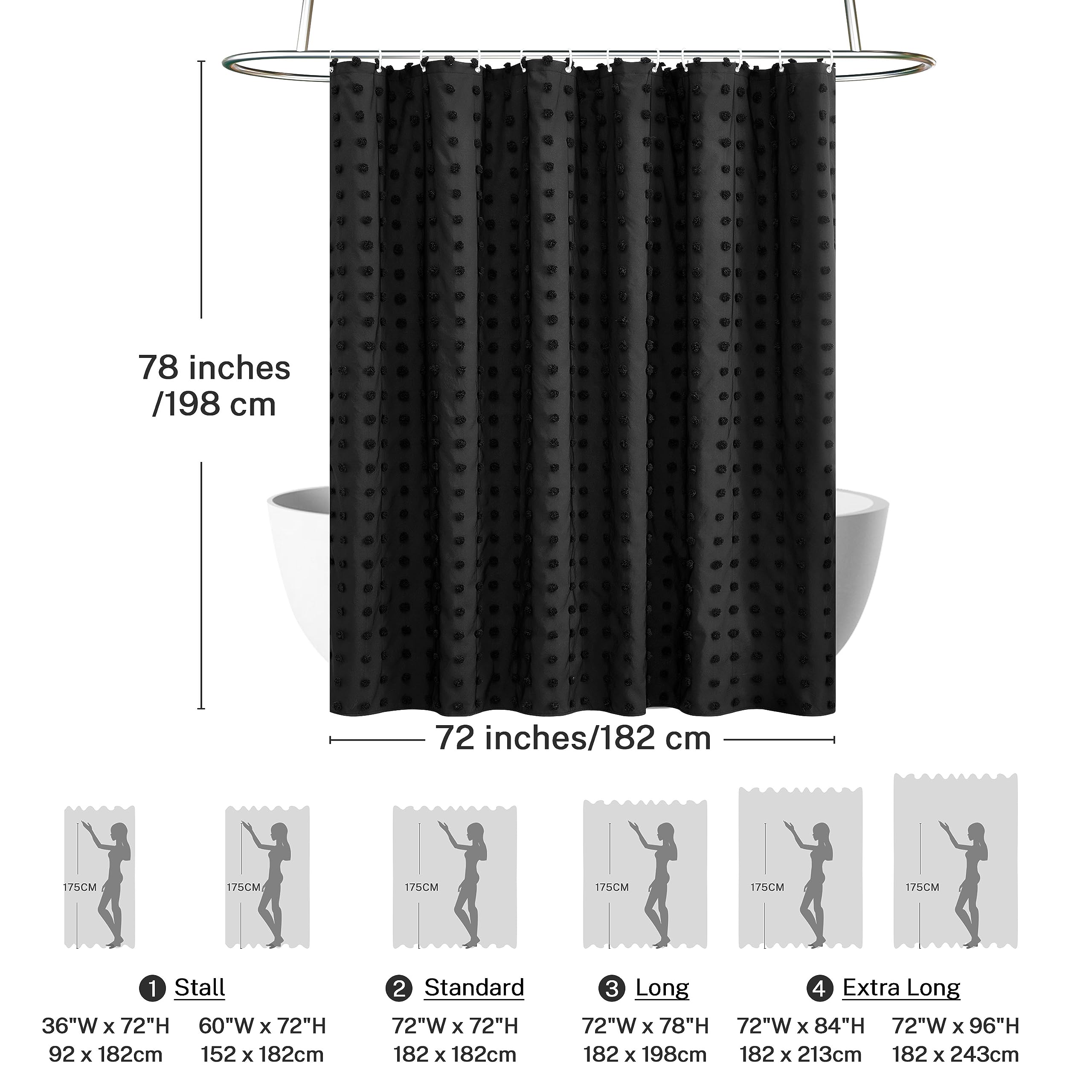 Siiluminisoy Extra Long Black Boho Shower Curtain Woven Fabric Cute Shower Curtain, 72 X 78 Tufted Pleat Floral Textured Modern