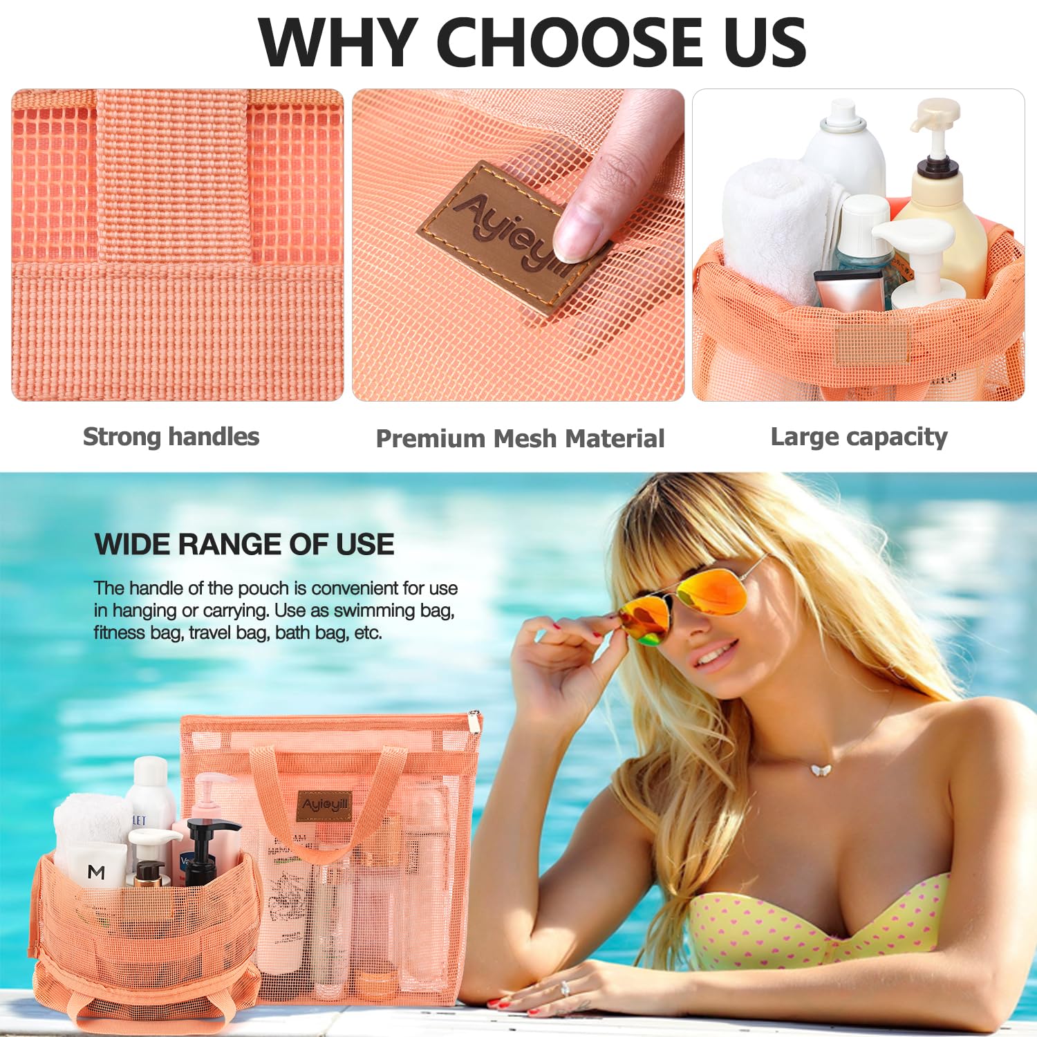 1 Pcs Portable Shower Mesh Caddy Bag Quick Dry Hanging Toiletry and Bath Organizer for Travel and Swimming with Zipper (Coral powder)
