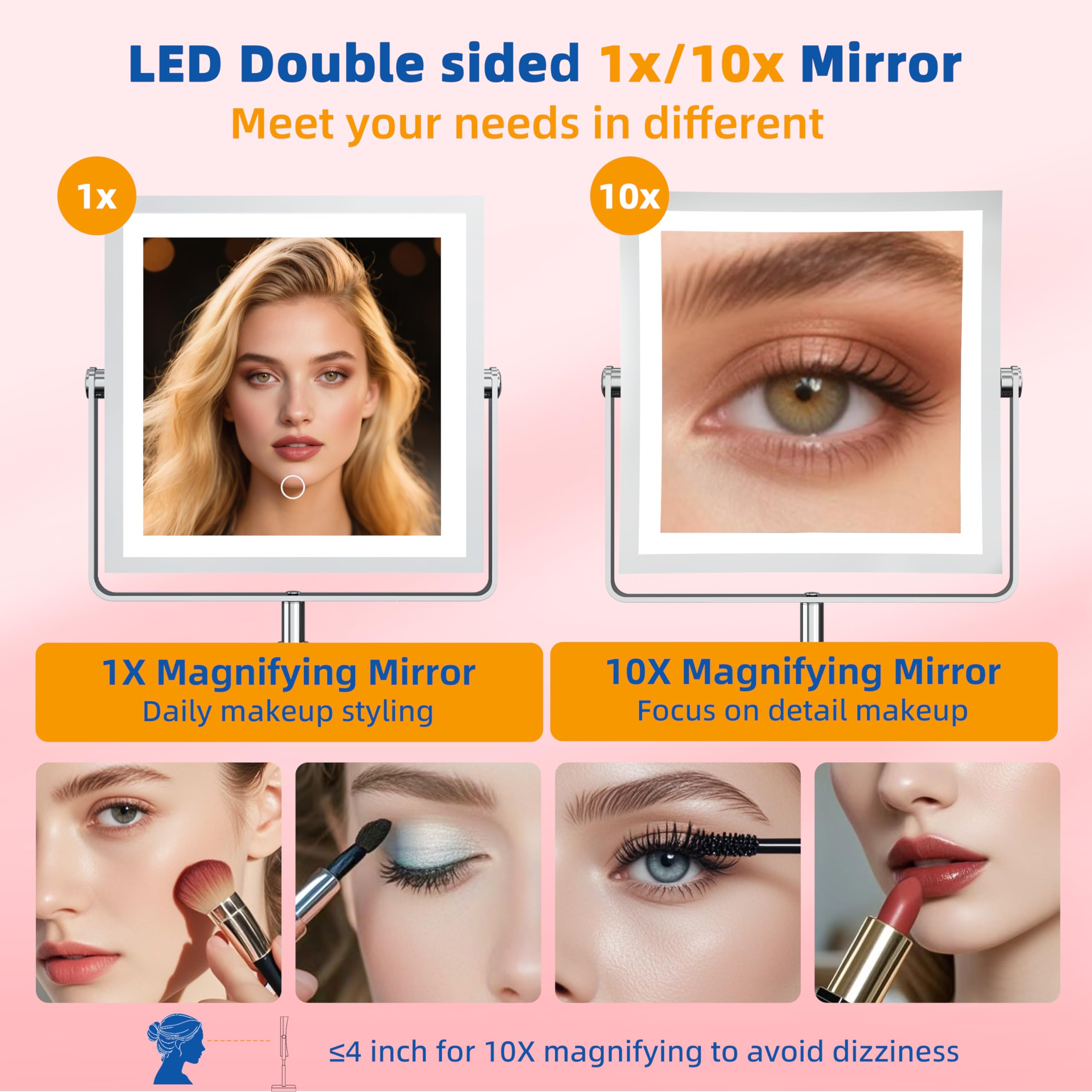 Ruacq Rechargeable Makeup Mirror, 4000Mah Lighted Makeup Mirror With Magnification 1X/10X, Height Adjustable Vanity Mirror With