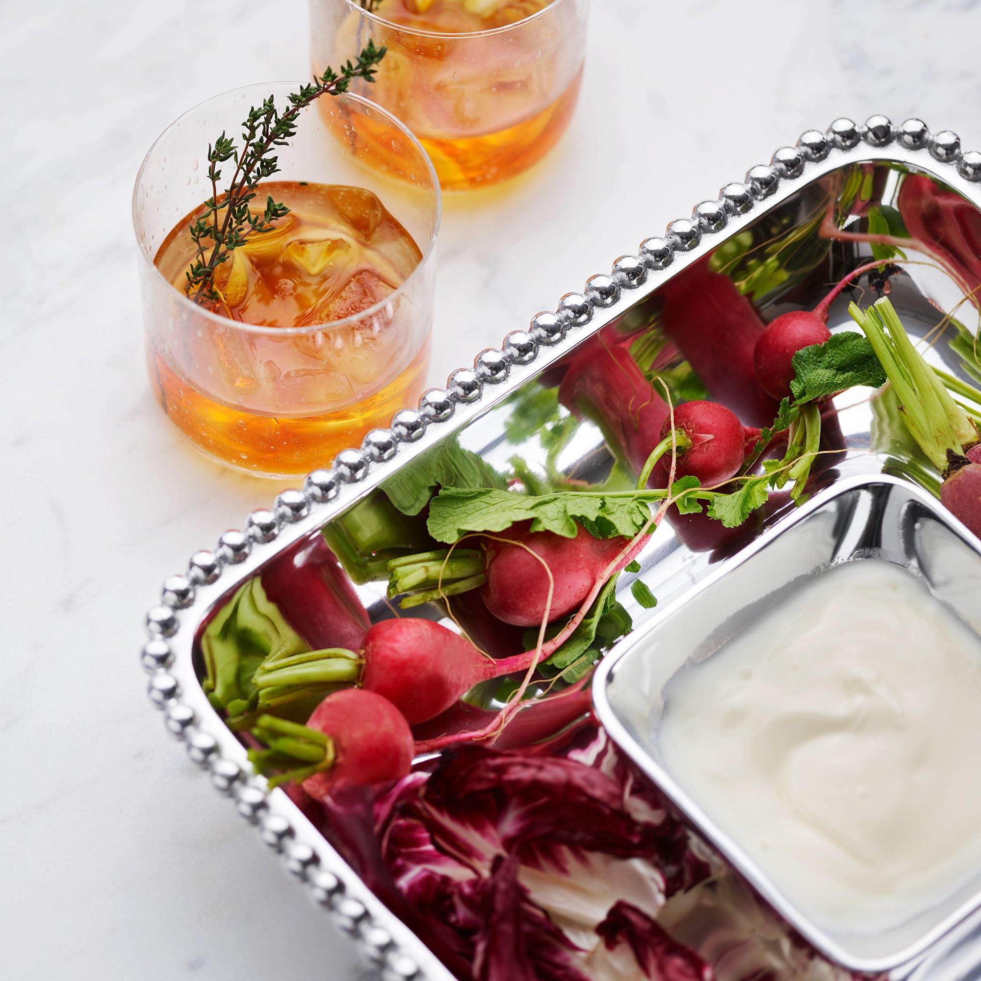 Mariposa Pearled Square Chip & Dip Divided Plates, One Size, Silver