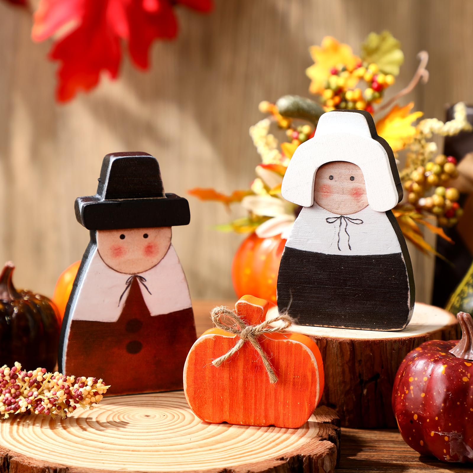 Colingmill 3 Pcs Fall Thanksgiving Decorations Fall Wooden Turkey Pilgrim Couple Table Sign Thanksgiving Standing Tabletop Decor