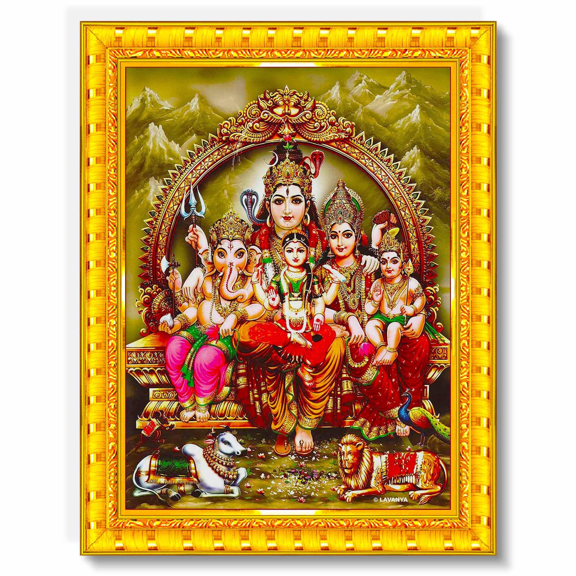 Pavan Photo Laminations Shiv Parivar Family Siva Parvati Lord Shiva Wall Painting Framed Home Decor (Wood,Matte,Gold,Big Size,10
