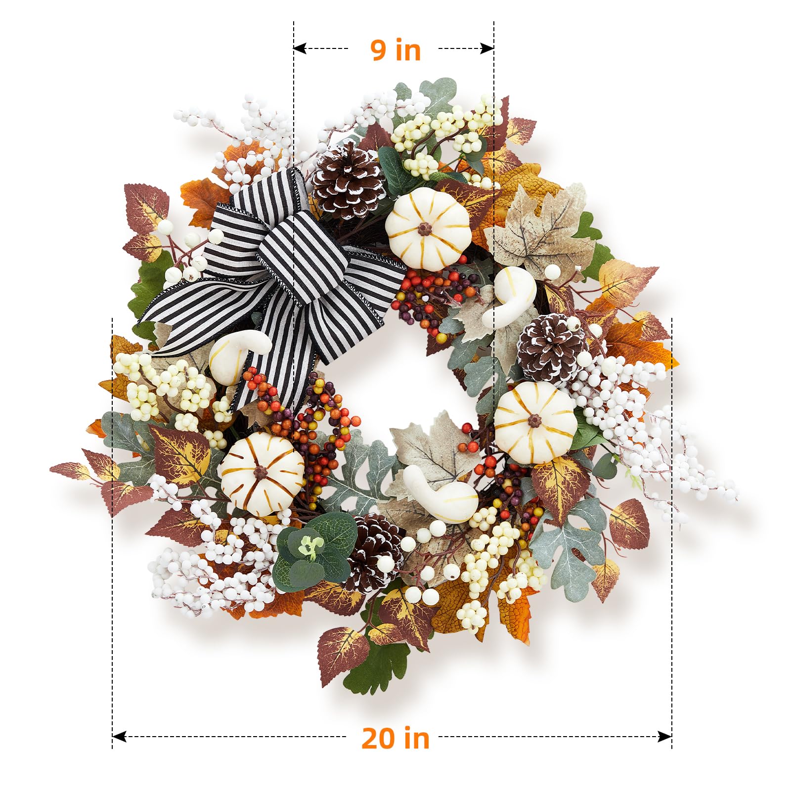 GarveeHome 20 in Fall Wreaths for Front Door, Fall Decorations for Home Pumpkin Wreath with Bow Leaves Pine Cones, Autumn Wreath