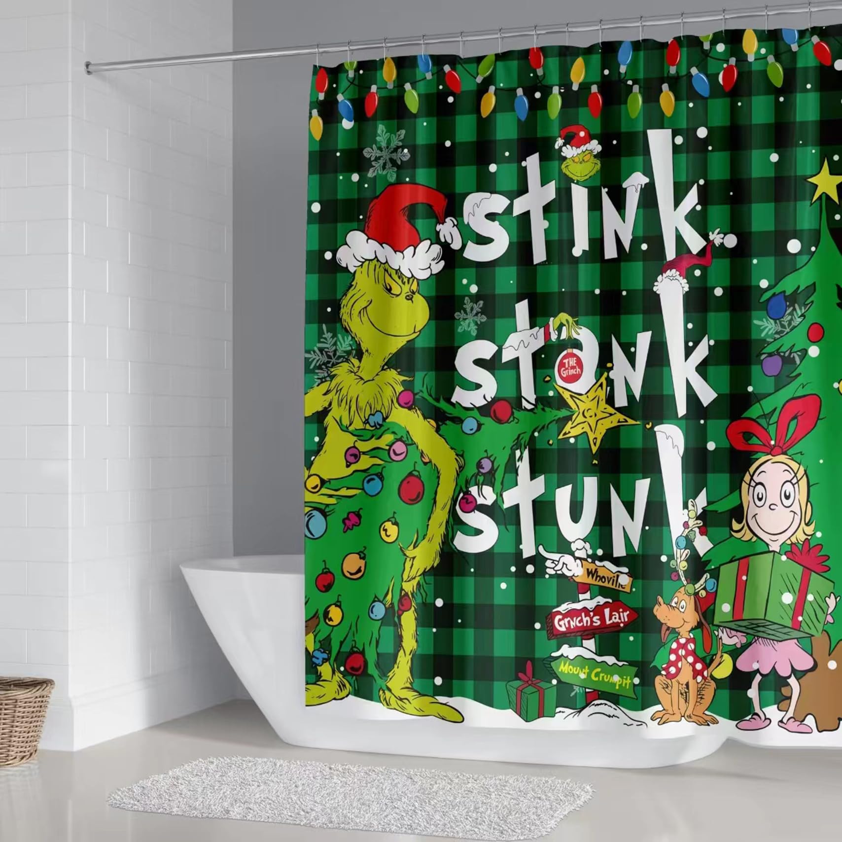 Baterzo 4 Pcs Christmas Shower Curtain Sets With Non-Slip Rugs, Toilet Lid Cover And Non-Slip U Shape Bath Mat, Christmas Bathro