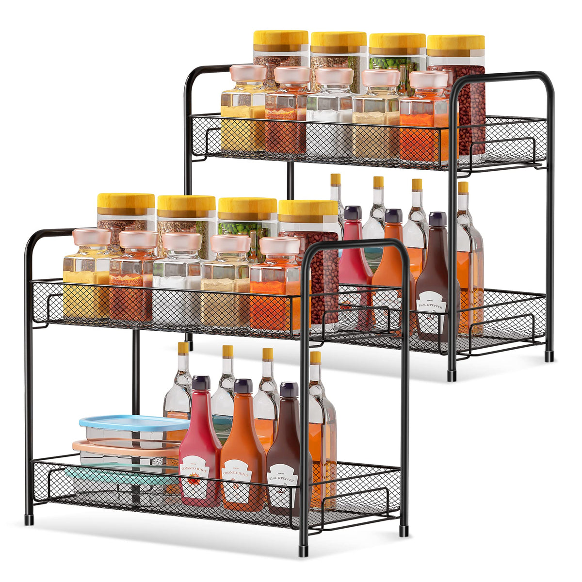 Xpatee Spice Rack Organizer for Countertop 2 Pack, 2-Tier Counter Foldable Metal Standing Large Seasoning Storage Shelf for Kitc