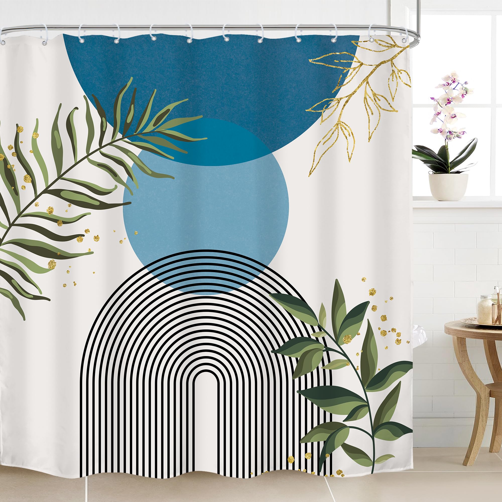 Mitpok Blue Boho Modern Shower Curtain 72Wx72H Mid Century Abstract Gold Green Leaves Sun Arch Minimalist Geometric Aesthetic Pl