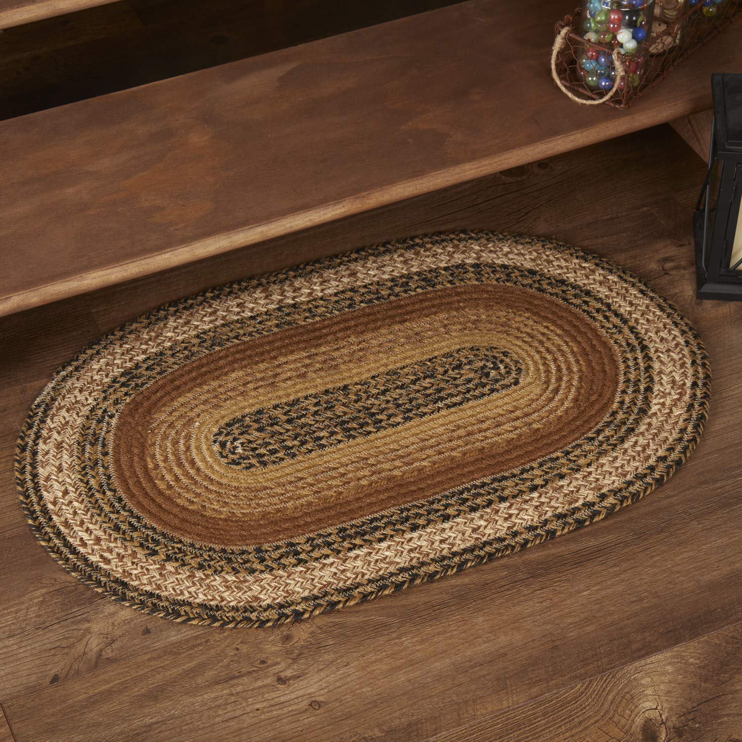 VHC Brands Kettle Grove Primitive Jute Black Striped Accent Rug Oval w/Floor Pad 20x30