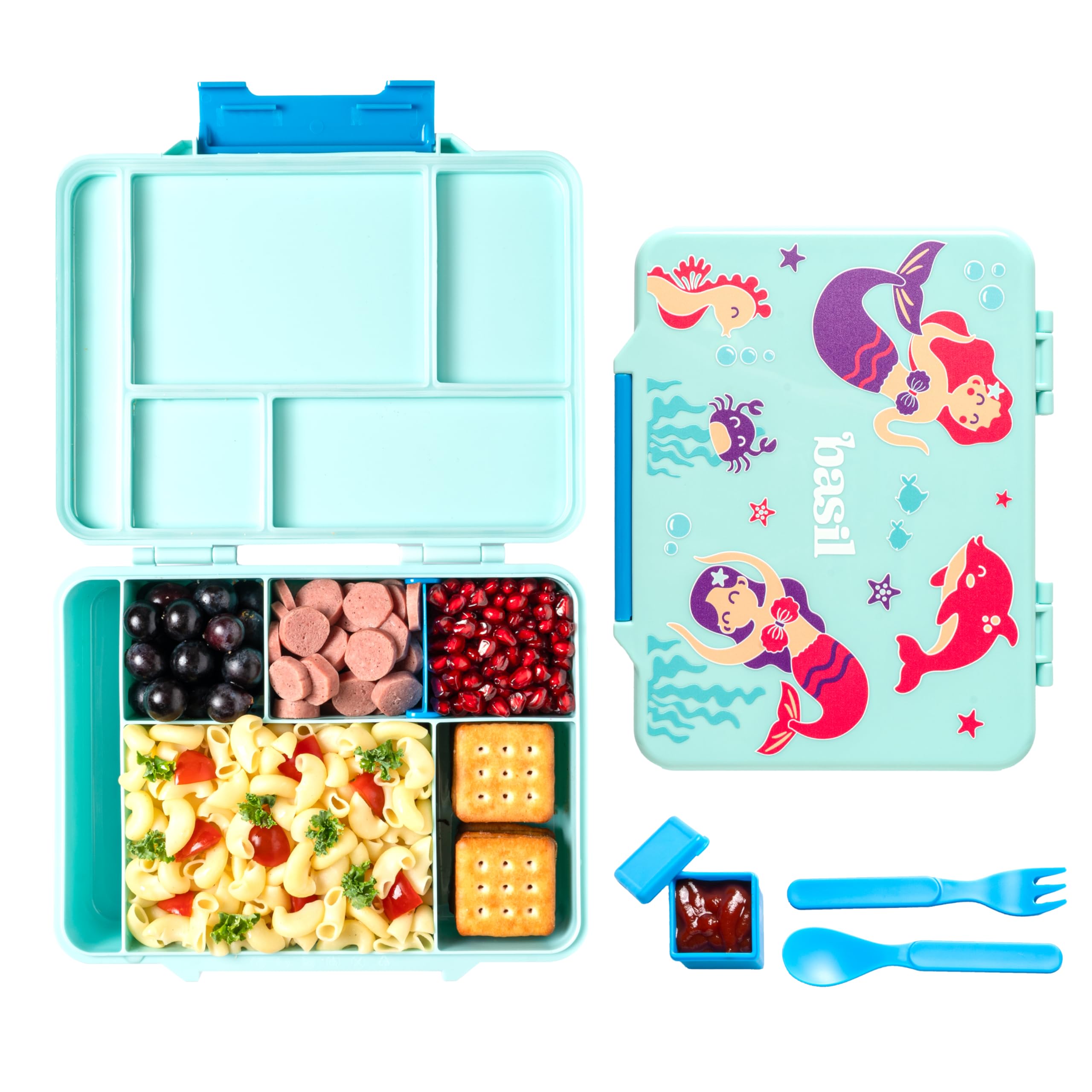 Basil Binge Bento Lunch Box - 1330 Ml | 5-Compartment Leak-Proof Bento Box For Kids | Bpa-Free Tiffin For School | Mermaid