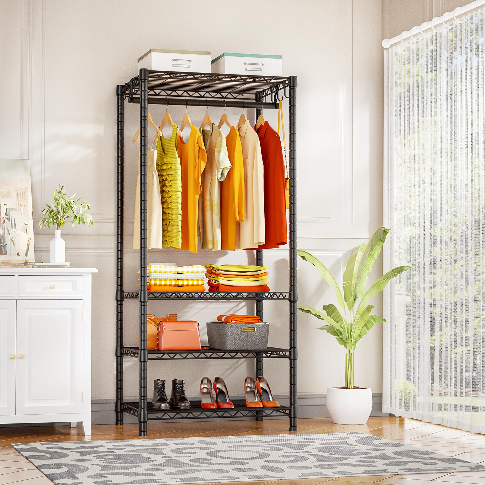 Ulif H4 Mini Portable Closet, 4 Tiers Freestanding Clothing Garment Rack For Small Space, Metal Clothes Wardrobe System For Bedr