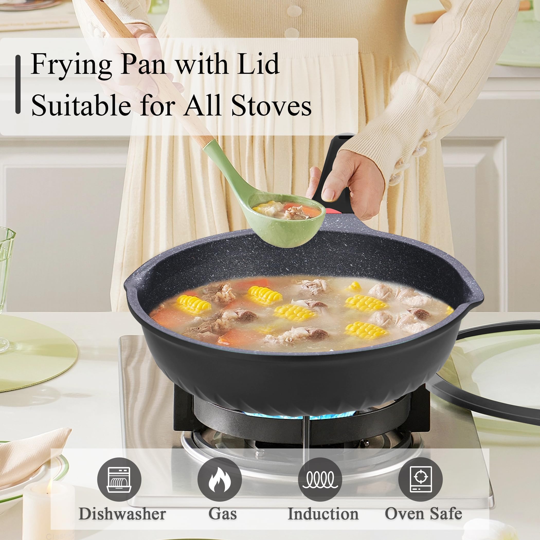 Vinchef Nonstick Skillet With Lid, 11In/5Qt Aluminum Deep Frying/Saute Pan With Lid And Heat Indicator, Anti Scratch And Anti St