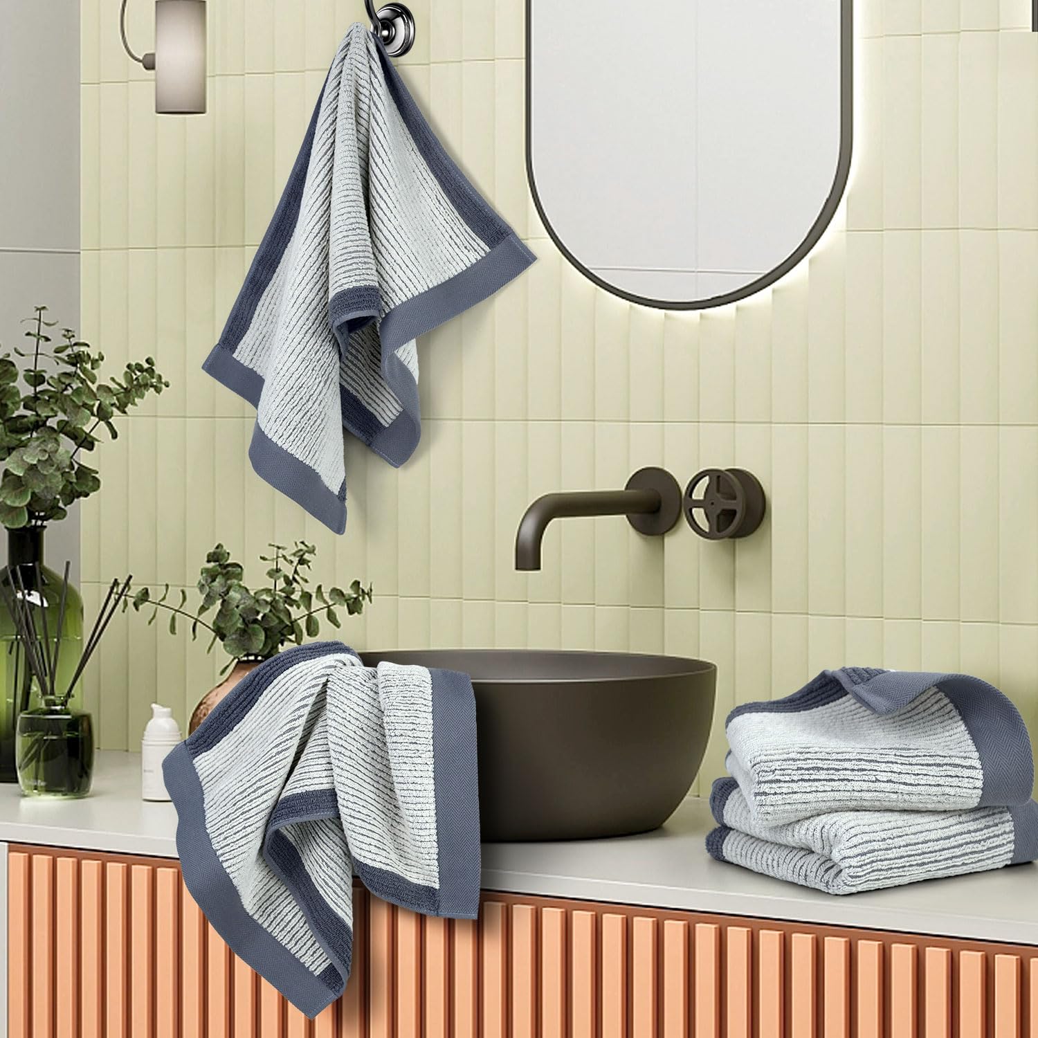 Cleanbear Gray Hand Towels For Bathroom With Textrued Lines, 100% Cotton, Stylish Towels For Guests, 28 X 13 Inches