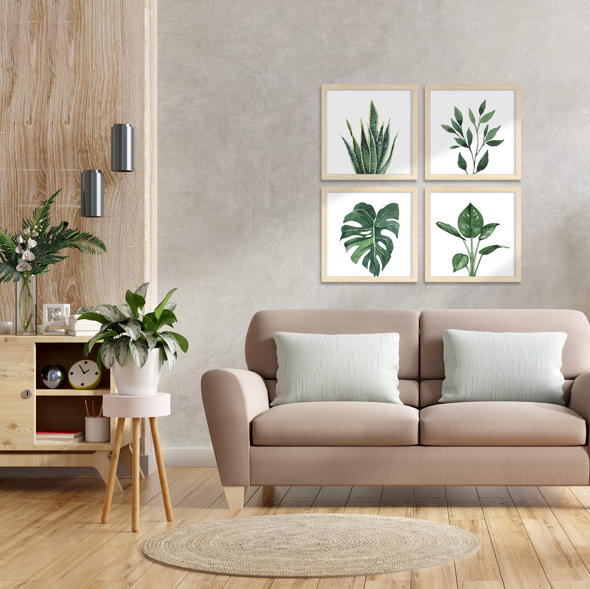 ArtbyHannah 10x10 Framed Bathroom Art Wall Collage Kit for Gallery Wall with Botanical Green Leaf Plant Prints and Natural Frames  Set of 4