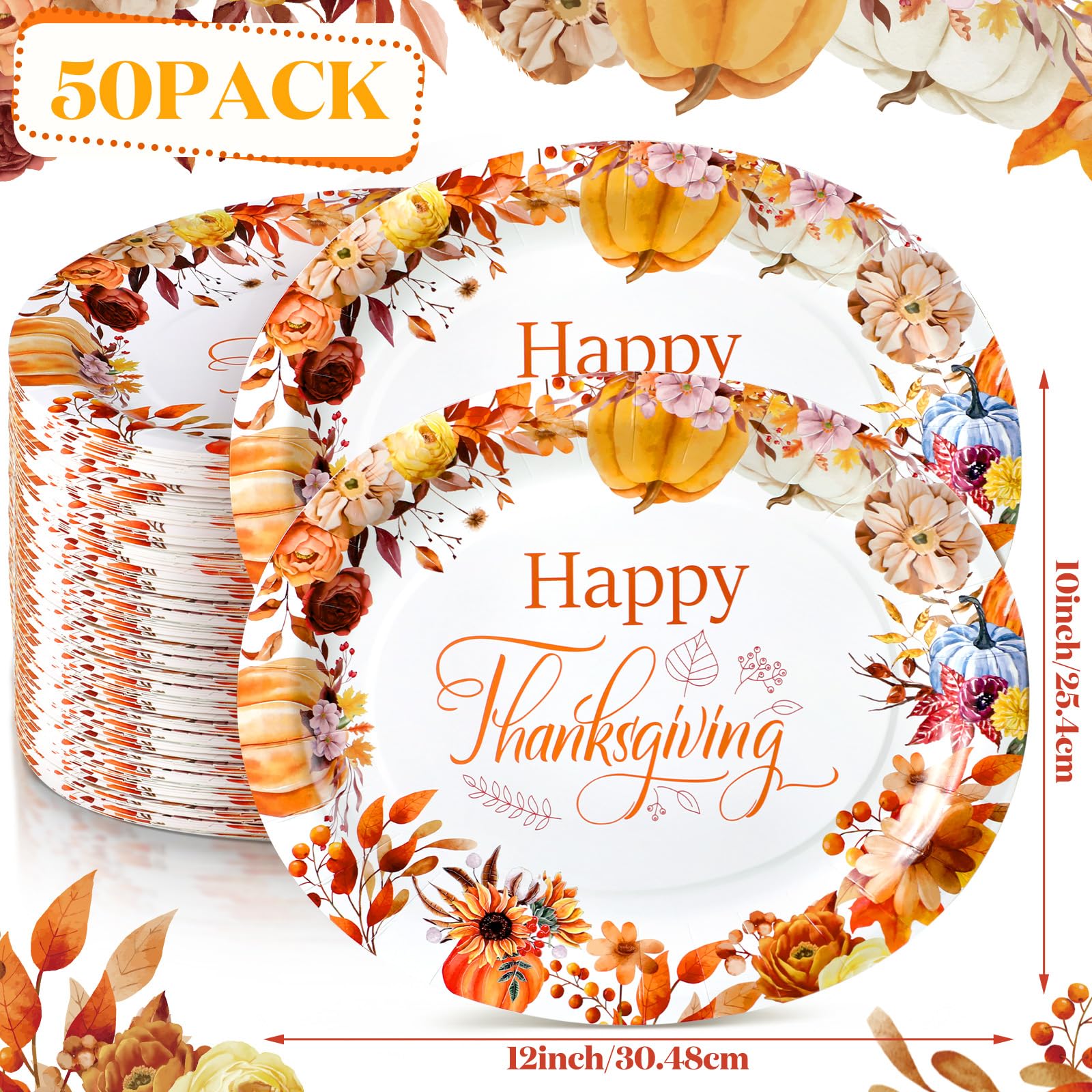 Umigy 50 Pcs Thanksgiving Oval Paper Plates Fall Party Plates Heavy Duty 10 x 12 Disposable Serving Dish Platters Autumn Pumpkin
