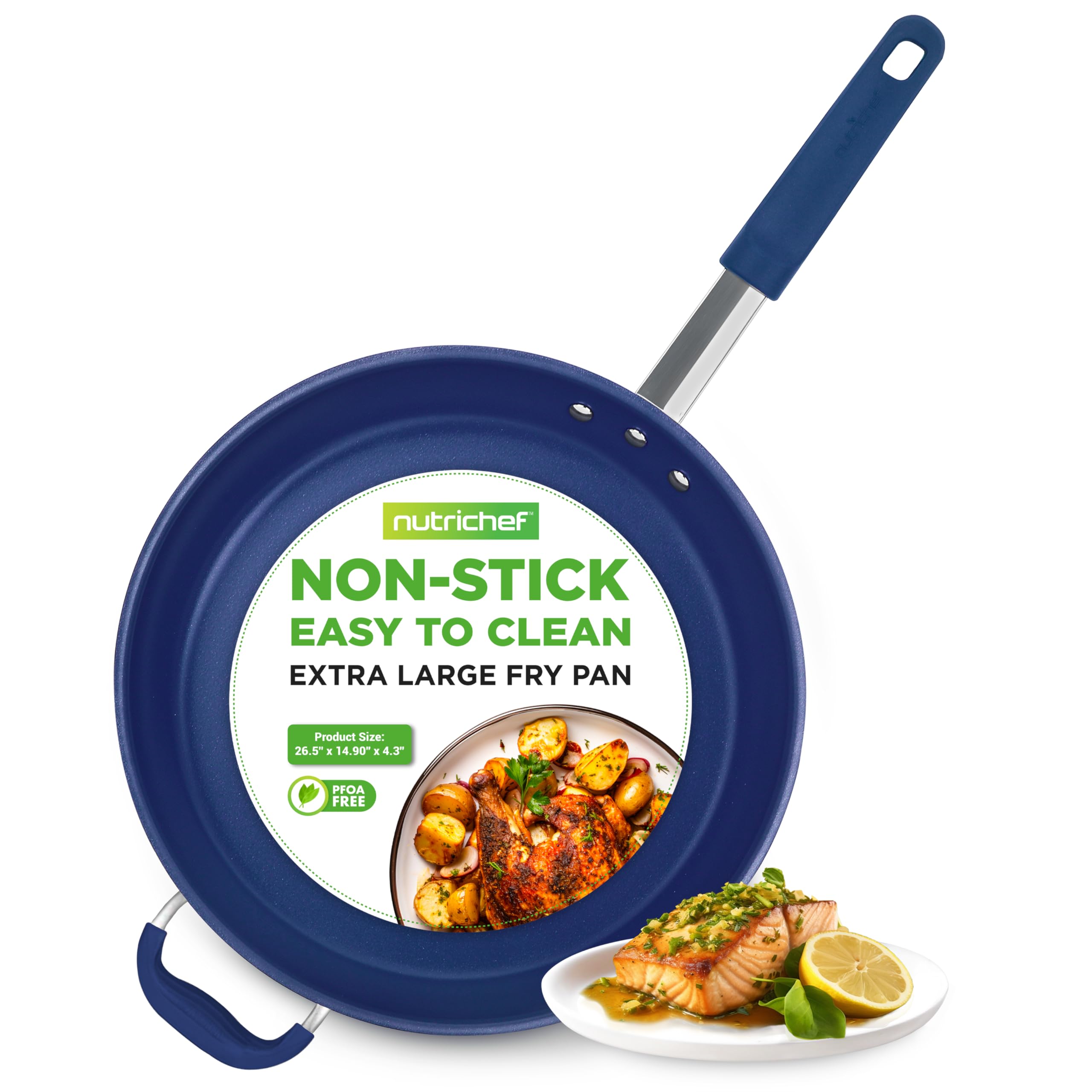 NutriChef 14 Extra Large Fry Pan - Skillet Nonstick Frying Pan with Silicone Handle, Ceramic Coating, Blue Silicone Handle, Stai