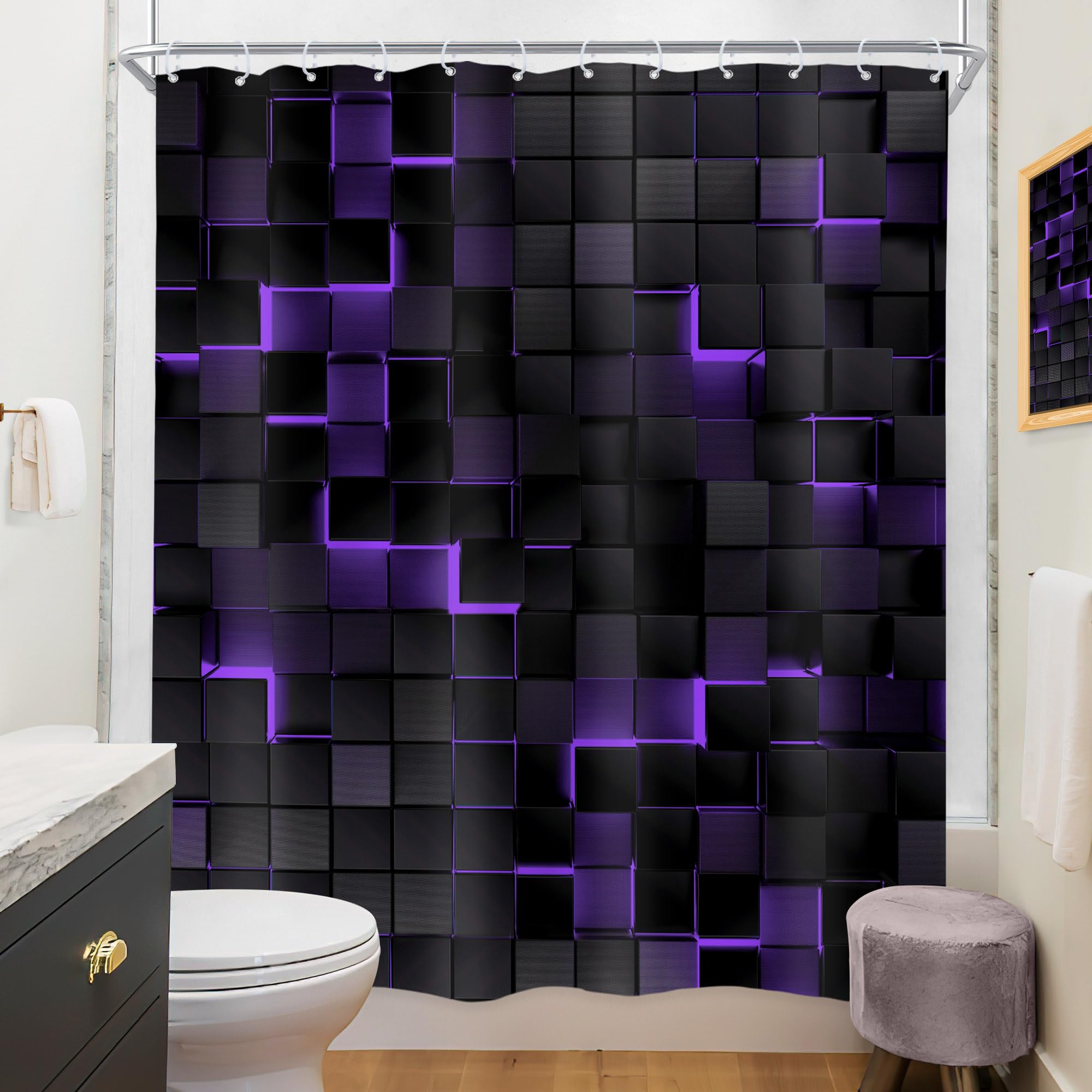 Riyidecor Black Purple Wall Shower Curtain 60Wx72H Inch Abstract Brick Modern 3D Gradient Design Futuristic Geometric Plaid Cube