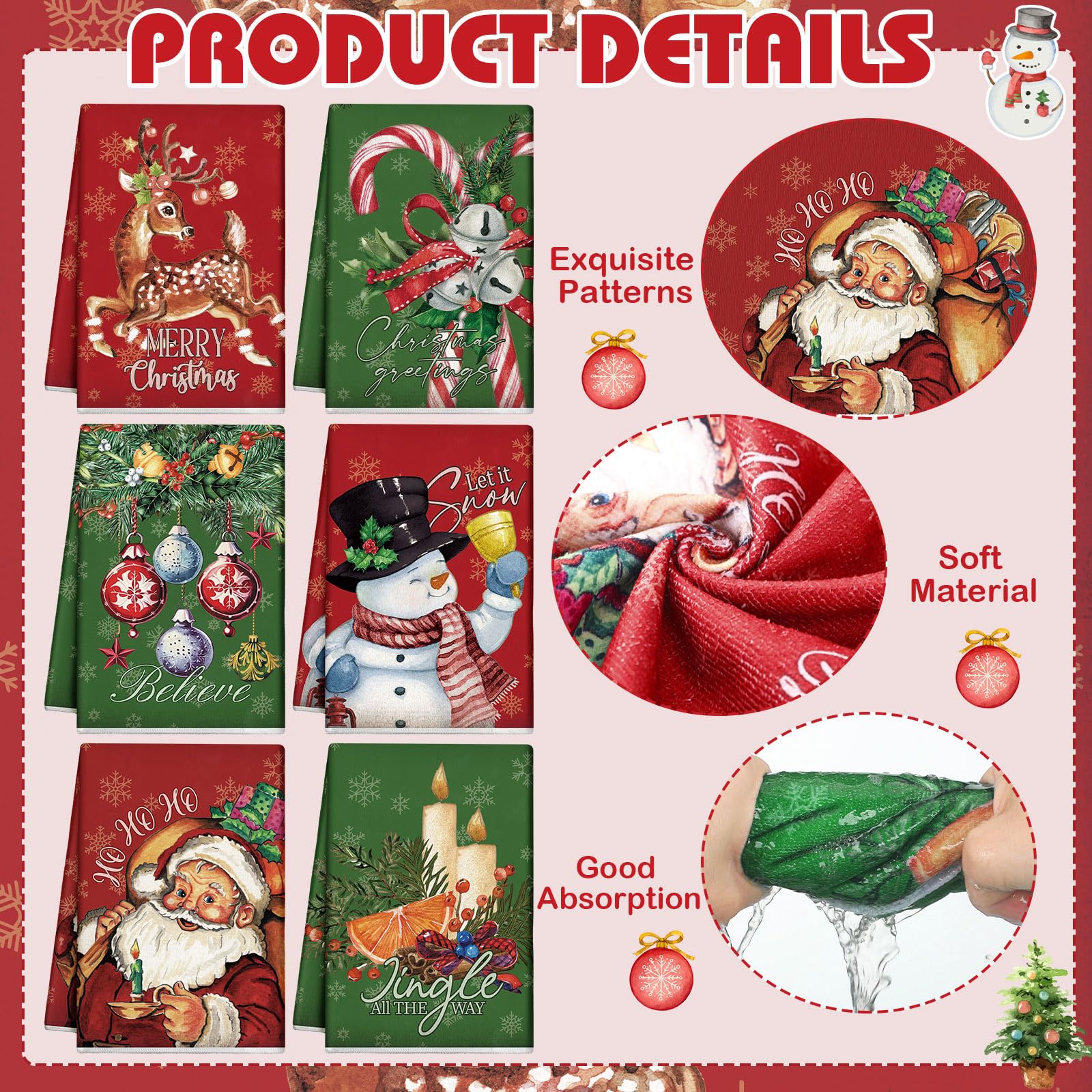 Hosuly 6 Pcs Vintage Christmas Kitchen Towels Red and Green Christmas Hand Towels Xmas Santa Elk Snowman Candy Dish Towels Chris