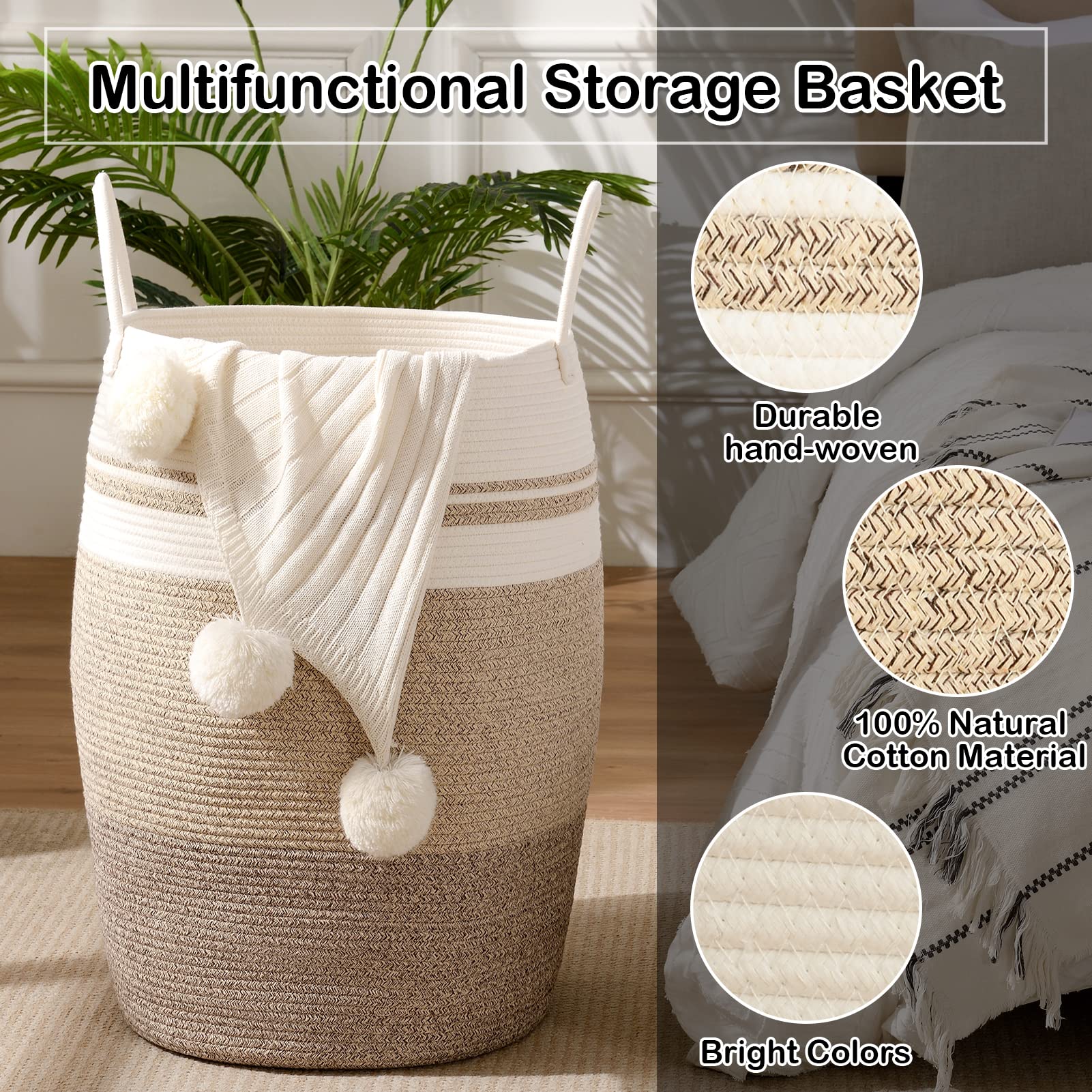 OIAHOMY Laundry Hamper Woven Rope Large Clothes Hamper 25.6'' Height Tall Laundry Basket with Extended Handles for Storage Clothes Toys in Bedroom  Bathroom  Foldable (Gradient Yellow)