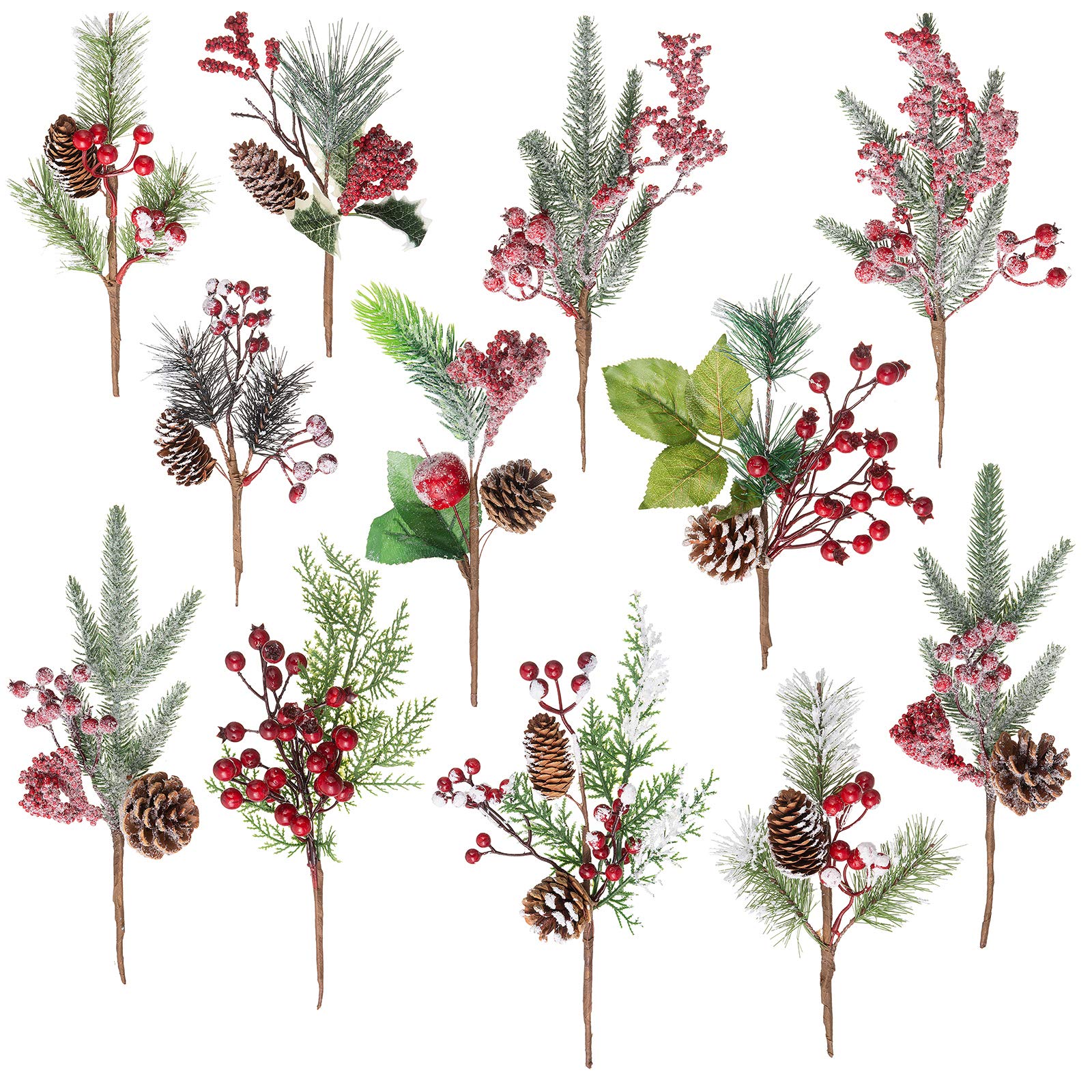 Crafare12-16 Inch Large Artificial Christmas Tree Picks 12 Styles Assorted Holly Picks Stems with Pinecones Leaves for Xmas Tree