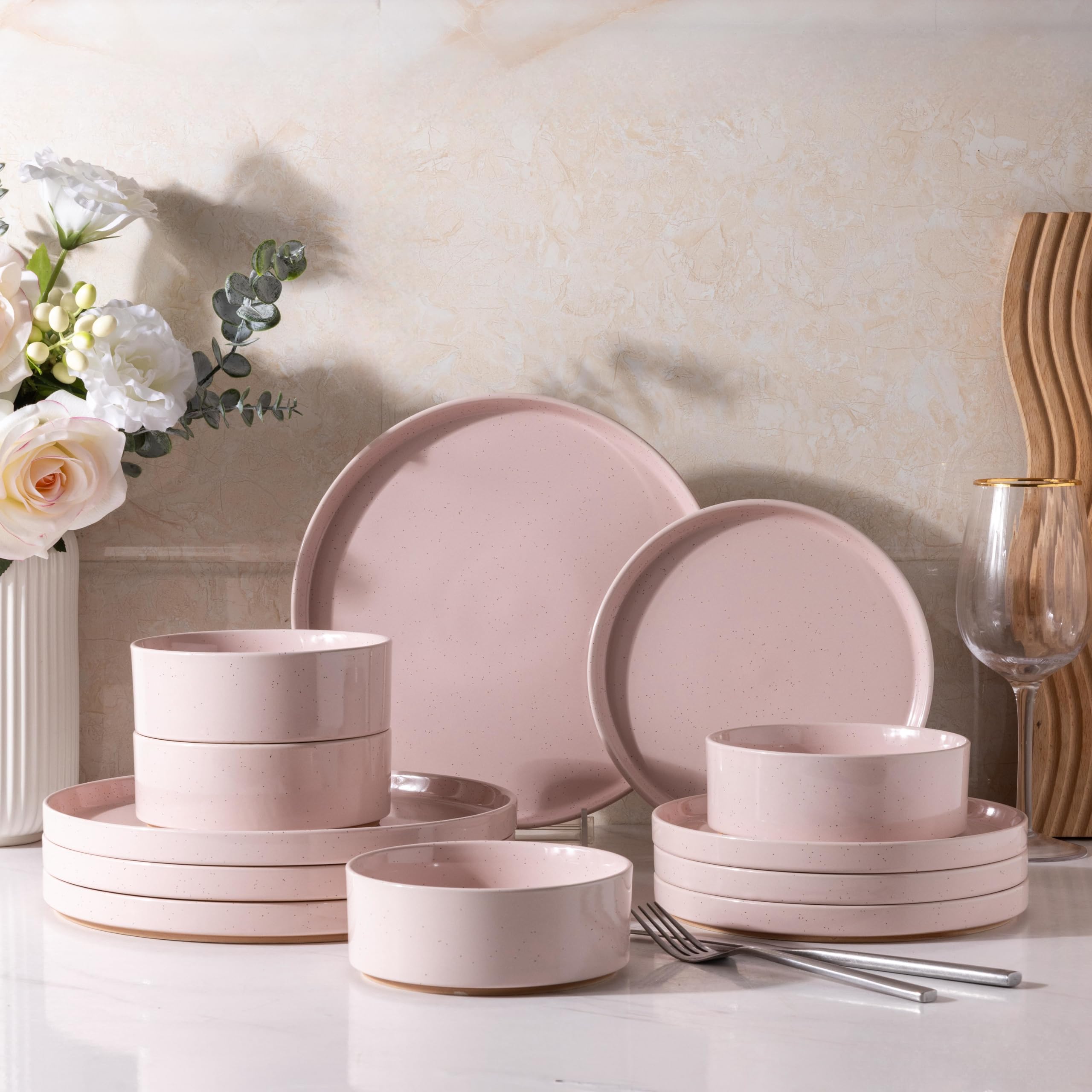 AmorArc Ceramic Dinnerware Set for 4 | Speckled Stoneware Plates and Bowls with unglazed terracotta | Scratch Resistant, Dishwas