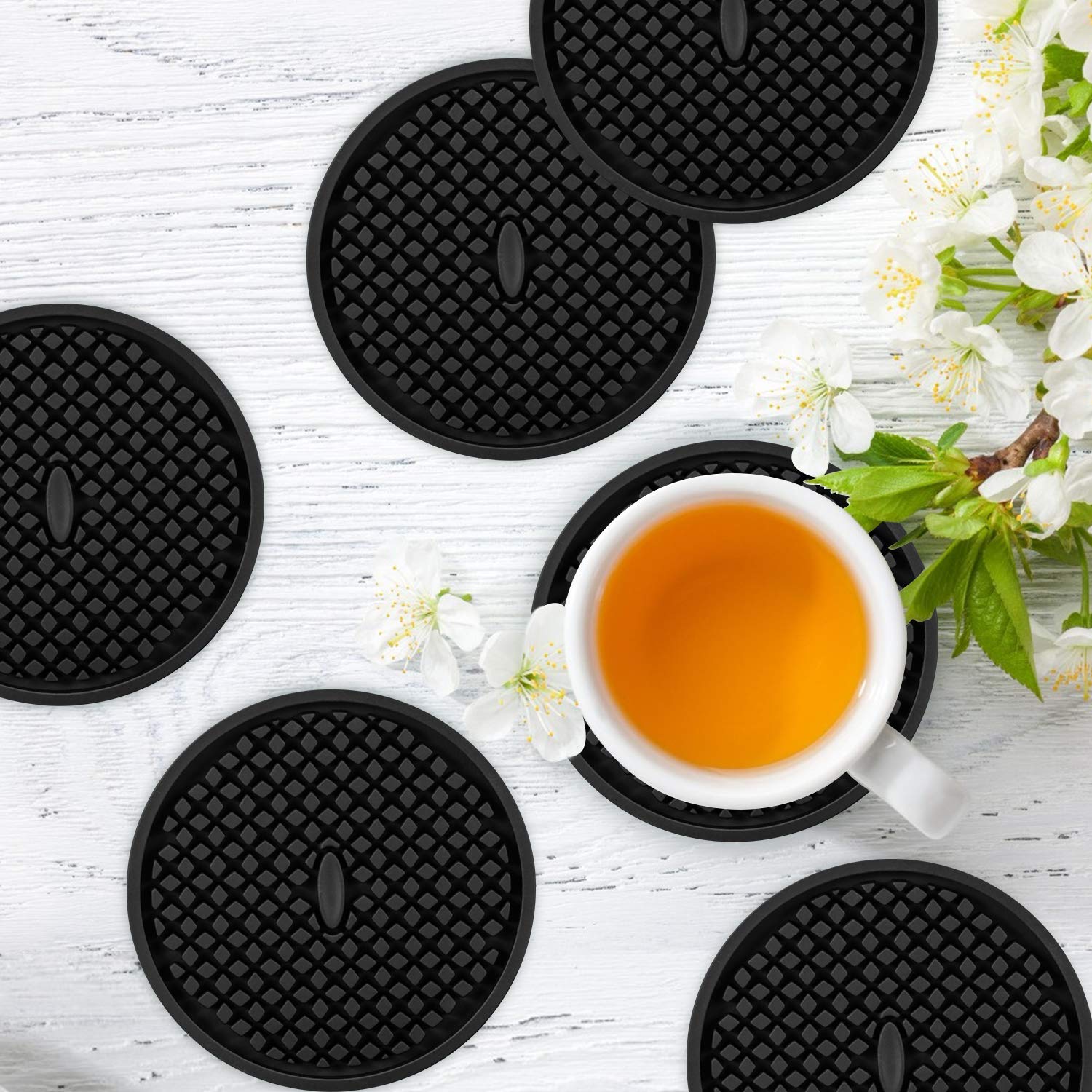ME.FAN Silicone Coasters [6 Pack] Thickened Drink Coasters with Holder - Cup Mat - Non-Slip  Non-stick  Stay Put  Deep Tray - Prevents Furniture and Tabletop Damages(Black)