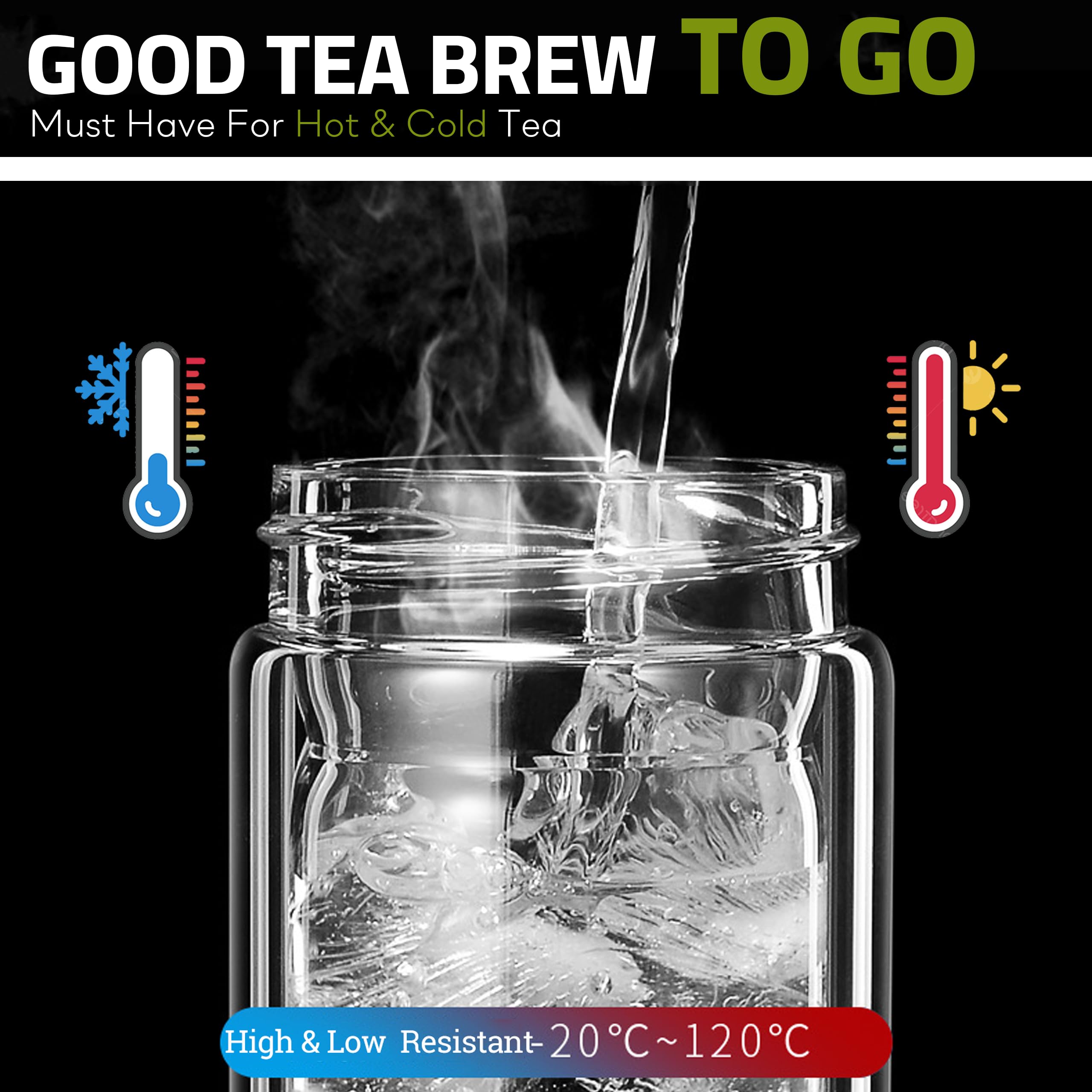 Pauzema Tea Tumbler With Infuser, 20Oz Tea Bottle With 2 In 1 Infuser, Double Wall Borosilicate Glass Tea Bottle 100% Leak-Proof