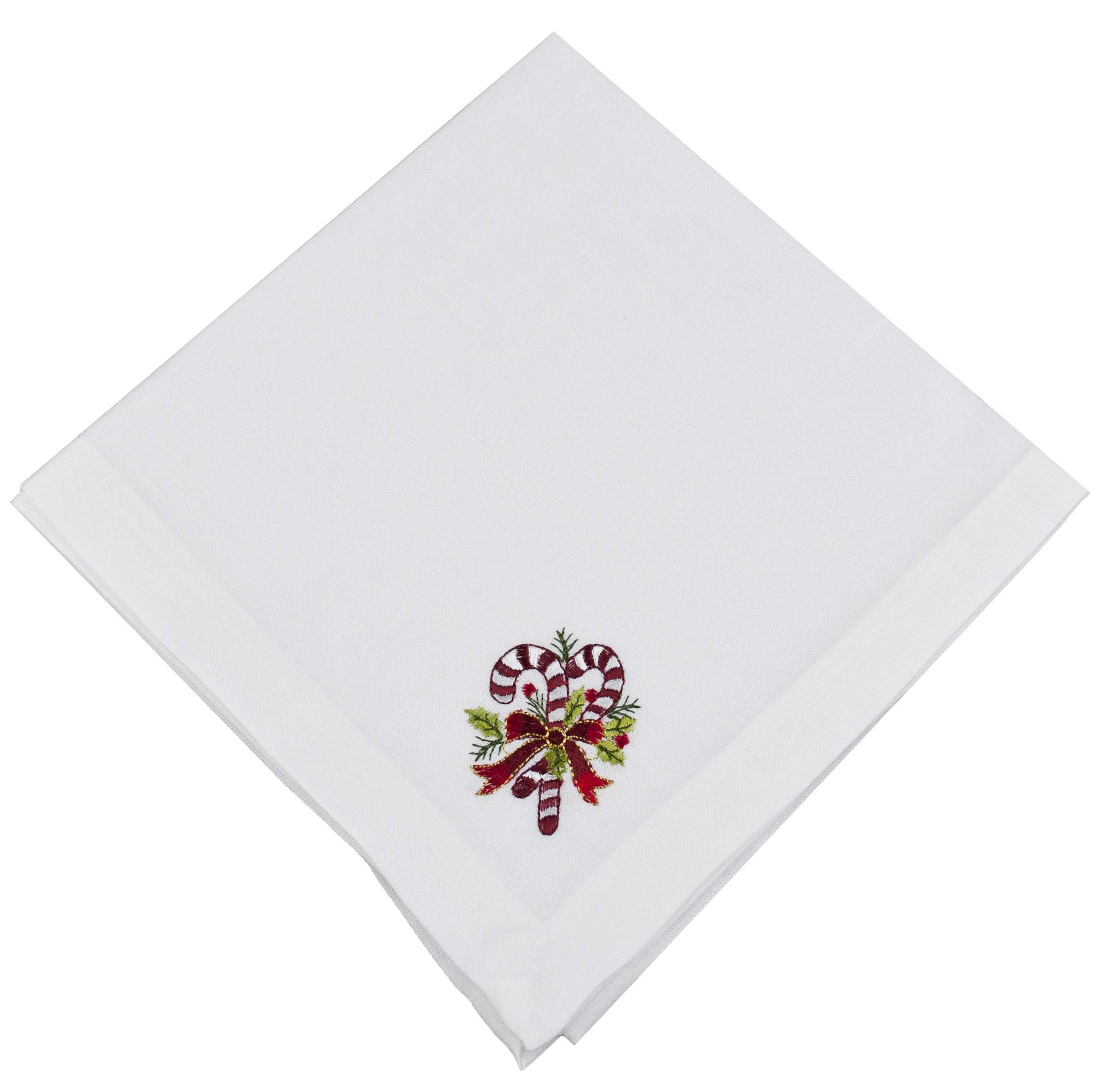 Set Of 4 Embroidered Holiday Candy Canes On White Napkins 19 Inch X 19 Inch Quad Fold Elegant Setting Holiday Decor