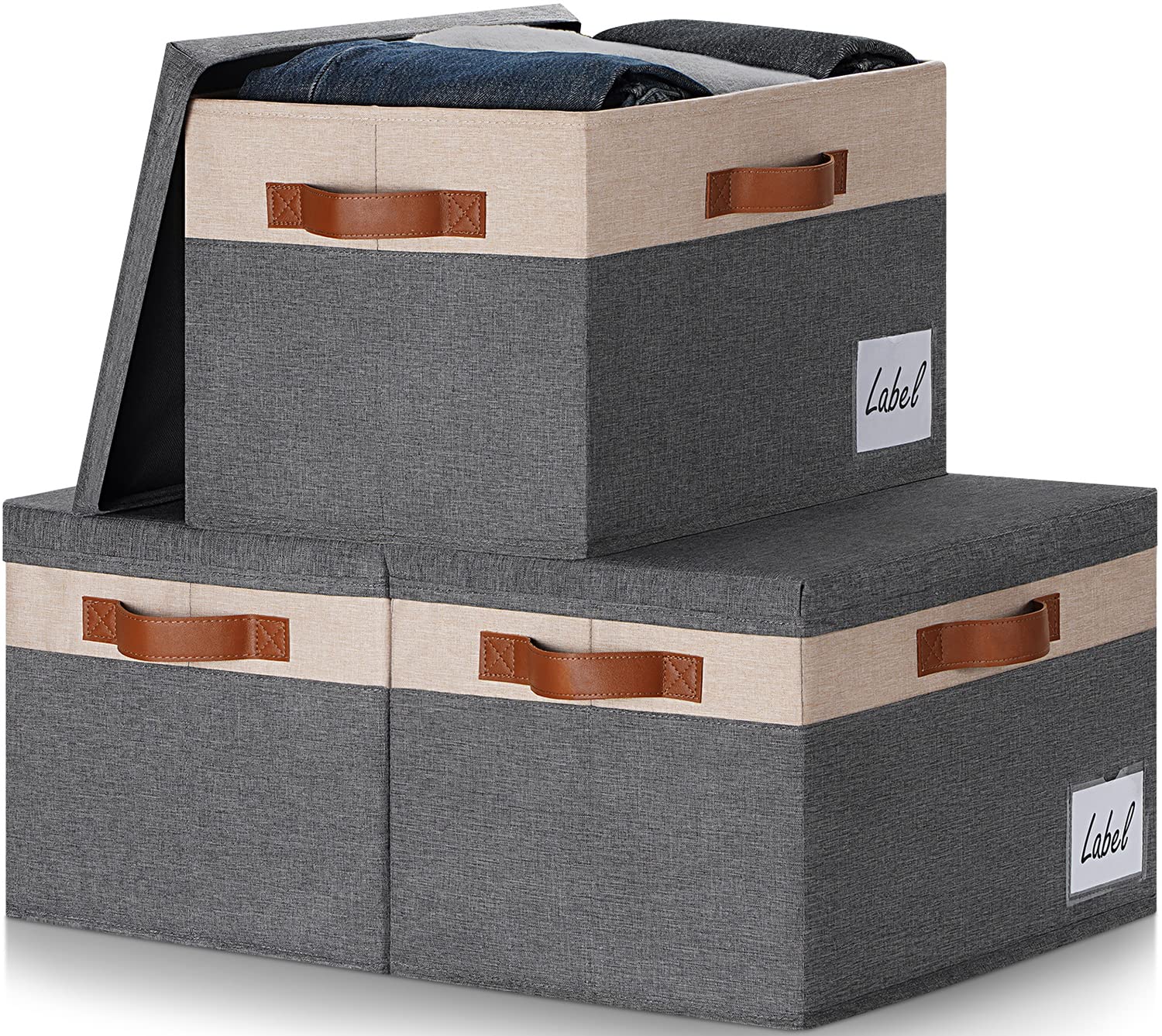 Ghvyennttes Large Storage Bins With Lids (3-Pack) Large Closet Storage Bin With Lid And 3 Pu Handles, Foldable Fabric Storage Ba