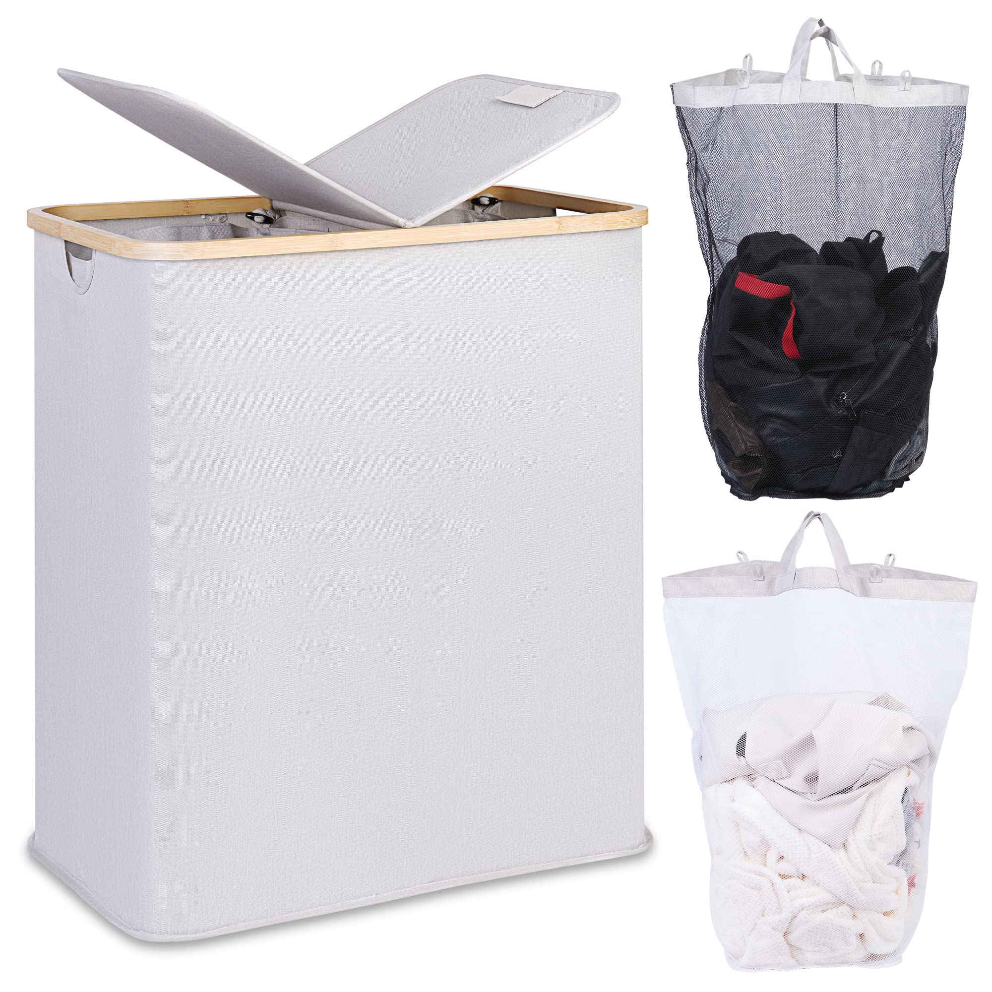 Efluky Double Laundry Hamper With Lid, Divided Laundry Hamper With Removable Bags, 2 Section Dirty Clothes Basket With Handles F