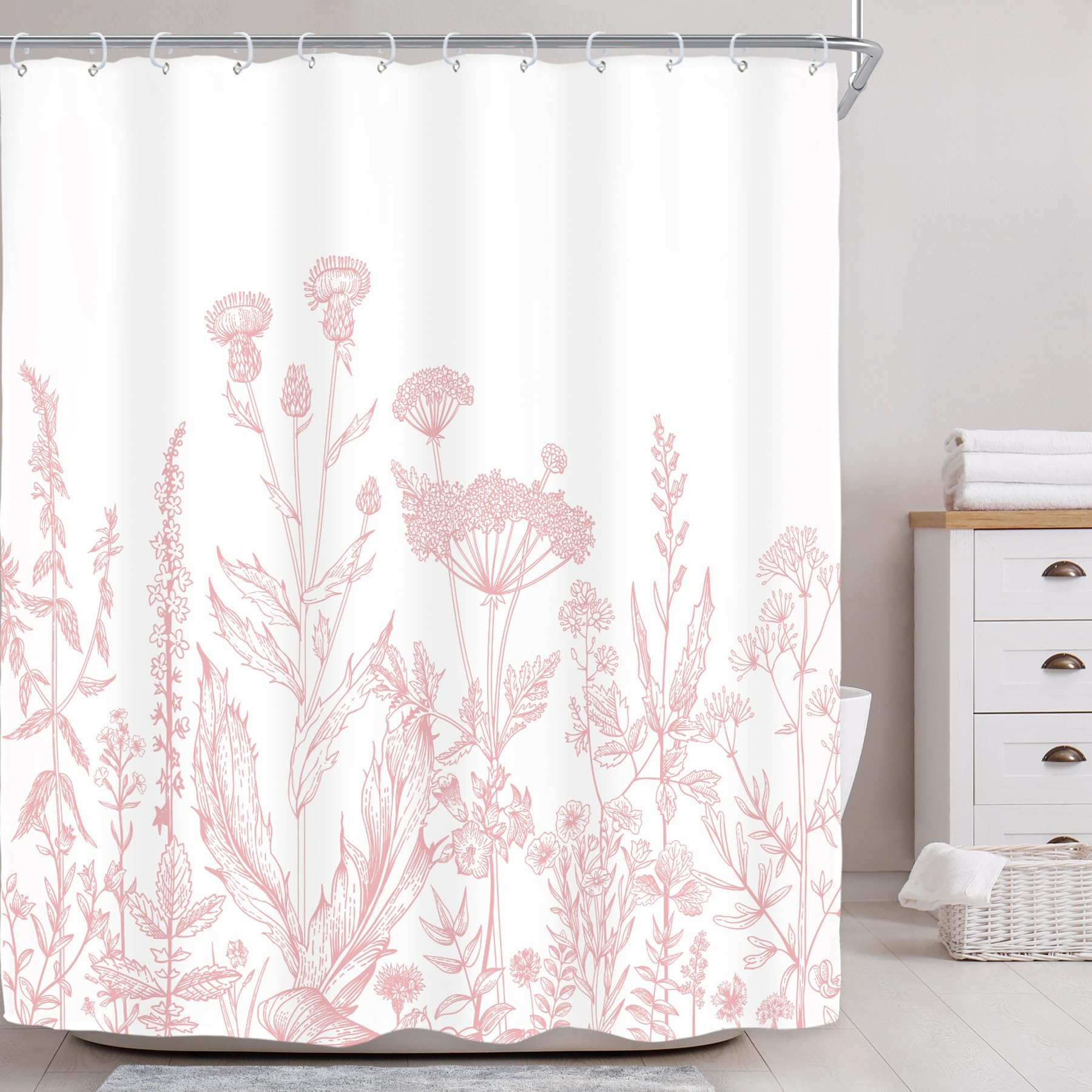 Riyidecor Pink Floral Wildflower Shower Curtain For Bathroom Decor 60Wx72H Girls Rustic Flower Botanical Farm Plant Leaves Herbs