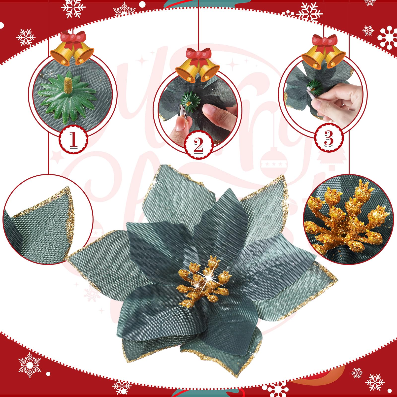 36 Pcs 3 Size Christmas Poinsettia Christmas Tree Flowers Glitter Faux Flowers Decoration Artificial Poinsettia Ornaments For Ch