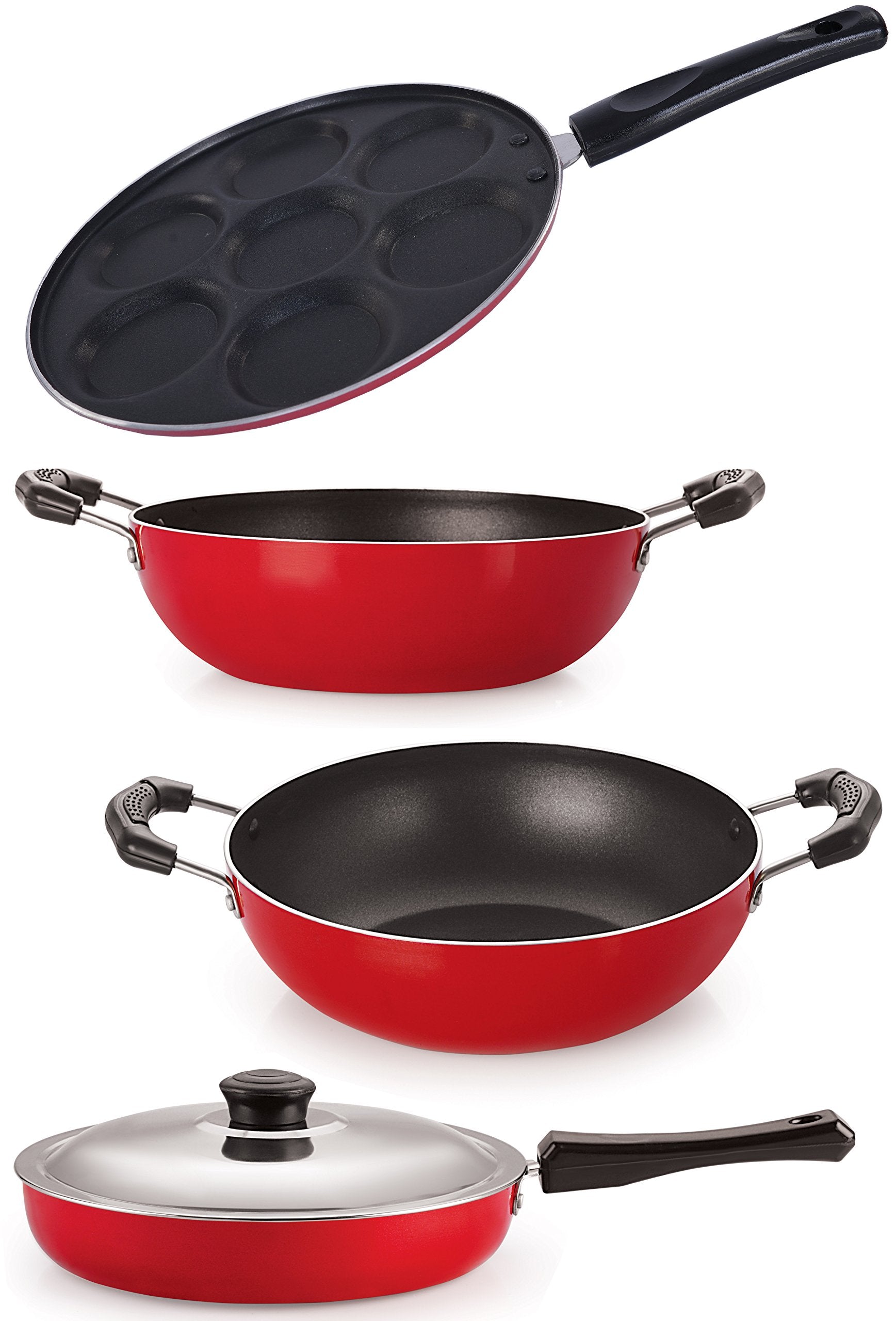 Nirlon NonStick Aluminium Cookware Set, 4Pieces, Red (26_Fp12_Kd12_Kd14_Up)
