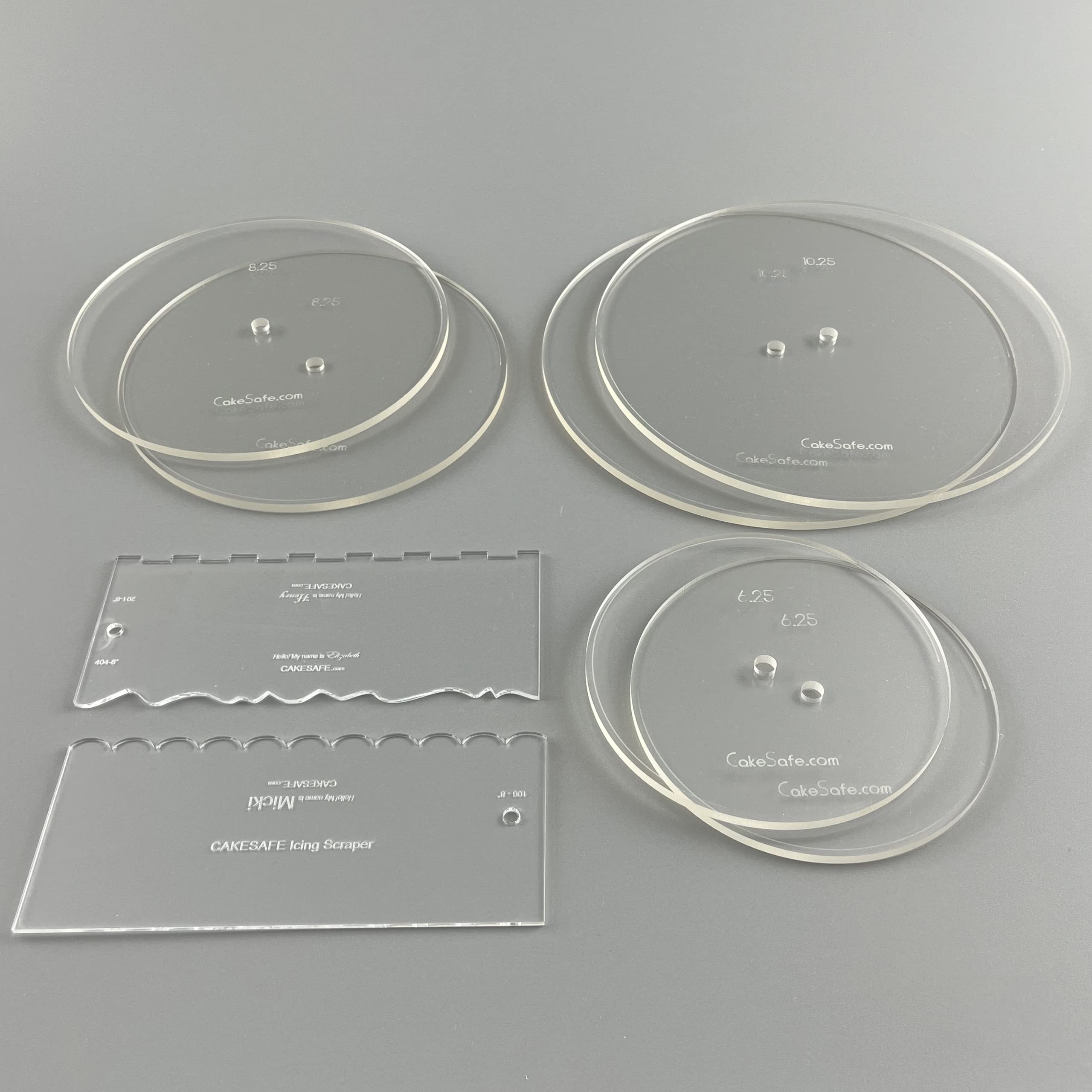 Cakesafe Essential Cake Decorating Acrylic Disk Kit - 3 Sets - Round 6.25'', 8.25'', 10.25'' Disk Sets (2 Disks Per Size), 2-8''